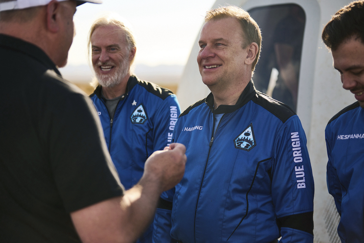 In this photo provided by Blue Origin, NS-21 (New Shepard-21), astronaut Hamish Harding receives his Blue Origin astronaut pin after a successful flight to space on June 4, 2022, in Van Horn, Texas. According to Action Aviation, a company for which Harding serves as chairman, the U.K. businessman was one of the mission specialists onboard a missing submersible carrying five people to view the wreckage of the Titanic that was reported overdue late Sunday.