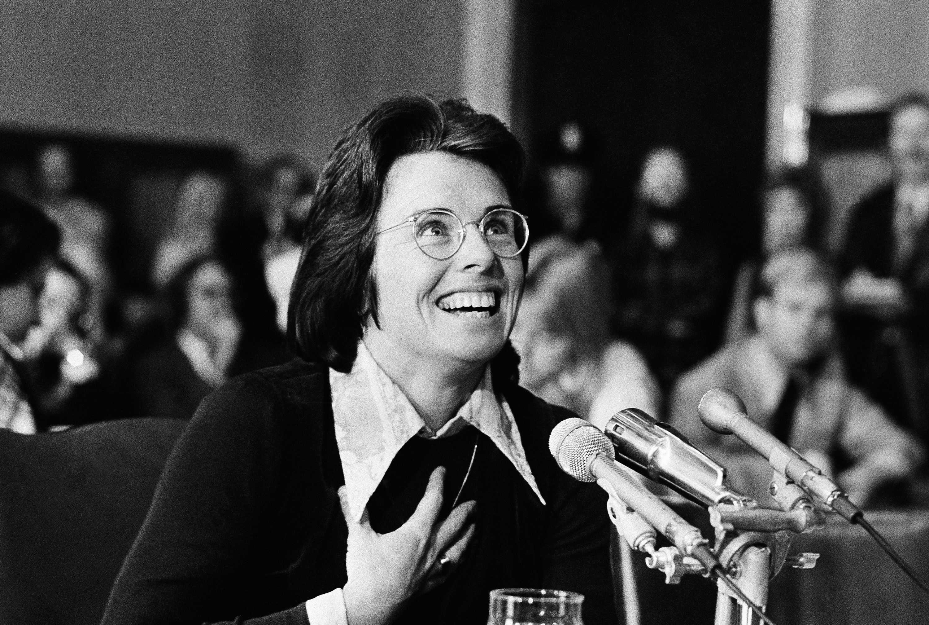 FILE - Tennis star Billie Jean King speaks about sexual equality before the Senate education subcommittee in Washington, Nov. 9, 1973. Wednesday marks the 50th anniversary of the meeting on June 21, 1973, at the Gloucester Hotel — about a mile south of Hyde Park in the heart of the British capital — where King and nearly 60 other players agreed to form what today is known as the Women’s Tennis Association or WTA. 