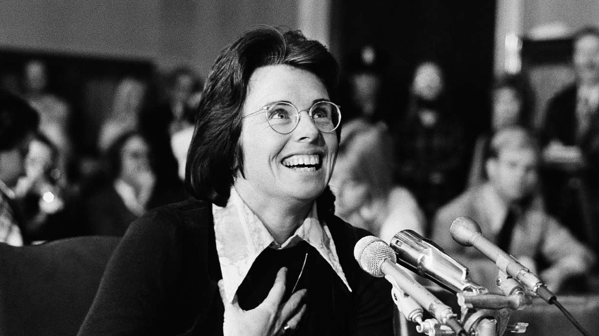 FILE - Tennis star Billie Jean King speaks about sexual equality before the Senate education subcommittee in Washington, Nov. 9, 1973. Wednesday marks the 50th anniversary of the meeting on June 21, 1973, at the Gloucester Hotel — about a mile south of Hyde Park in the heart of the British capital — where King and nearly 60 other players agreed to form what today is known as the Women’s Tennis Association or WTA.