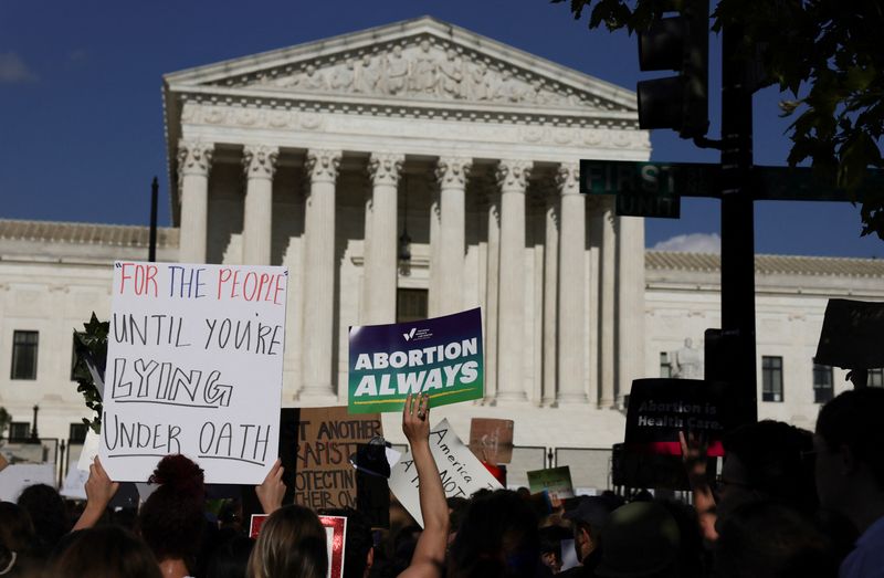 Demonstrators outside the Supreme Court as the court overturned Roe v. Wade in Washington, June 24, 2022. Abortion rights advocates and opponents are set to mark this week's one-year anniversary of the decision.  