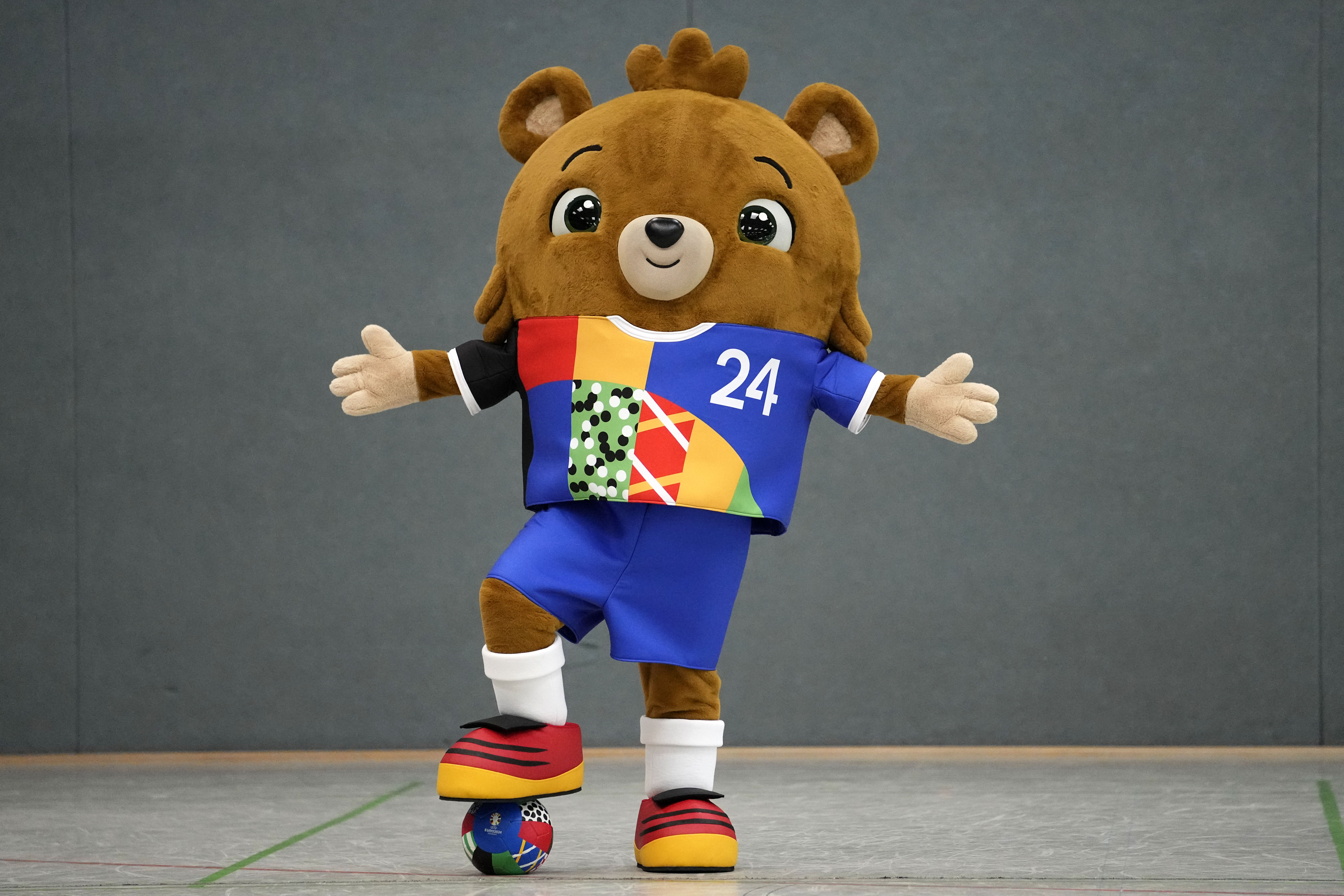 The mascot for the UEFA EURO 2024 soccer championships is presented in Gelsenkirchen, Germany, Tuesday, June 20, 2023. The mascot bear, that has no name so far, was shown to the public for the first time. 