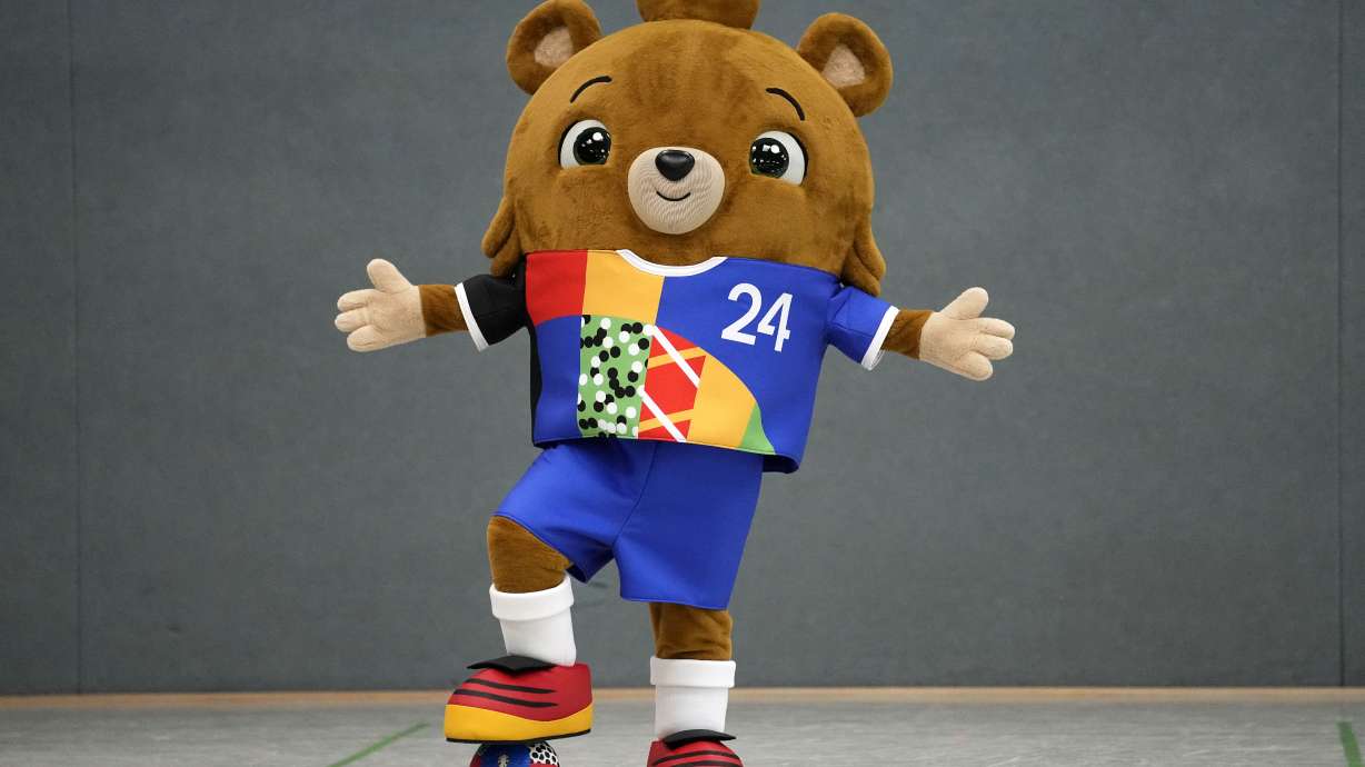 The mascot for the UEFA EURO 2024 soccer championships is presented in Gelsenkirchen, Germany, Tuesday, June 20, 2023. The mascot bear, that has no name so far, was shown to the public for the first time.
