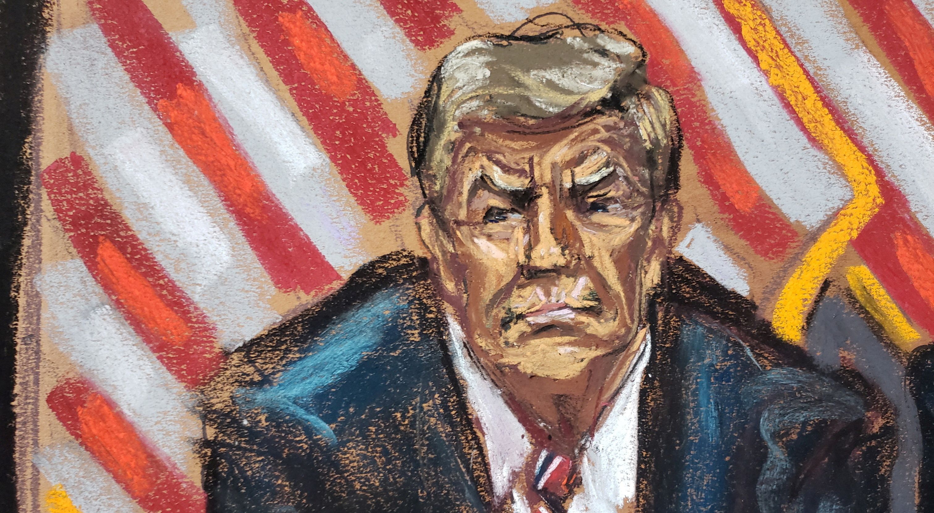 Former U.S. President Donald Trump appears by video conferencing during a hearing over charges that he falsified business records to conceal money paid to silence Stormy Daniels in 2016, in Manhattan, May 23, in this courtroom sketch.