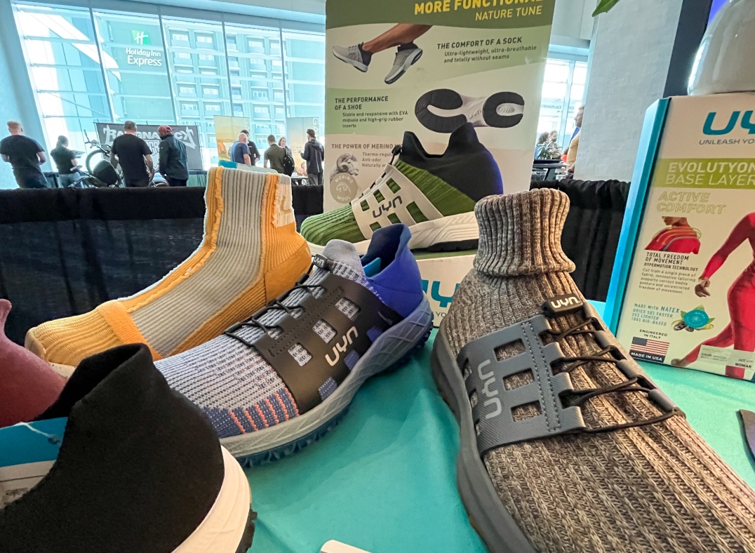 UYN shoes are displayed at an Outdoor Retailer event on Sunday. The Italian company is launching in the U.S. for the first time this year.