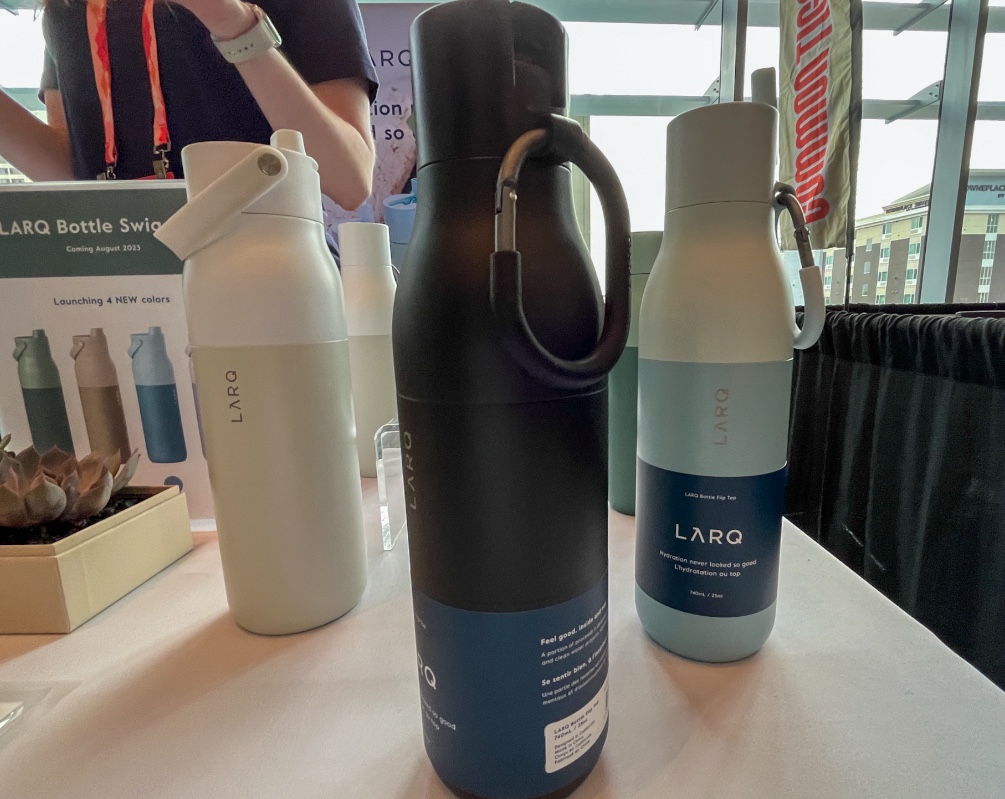 LARQ "swig top" water bottles are displayed at an Outdoor Retailer event on Sunday. The new product will become available in August.
