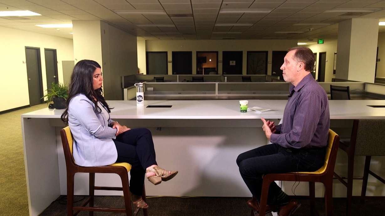 Peter Bromberg, left, a longtime librarian and associate director of the nonprofit Every Library, discusses banning certain books in school.
