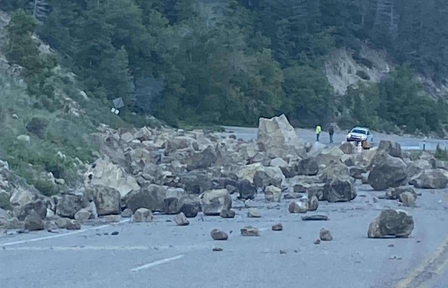 A rockslide closed state Route 14 in Iron County on Wednesday. 
