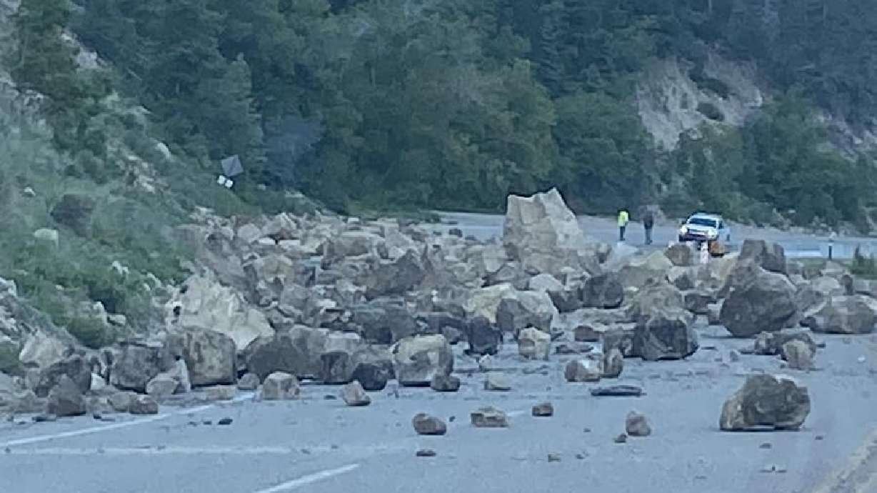A rockslide closed state Route 14 in Iron County on Wednesday.