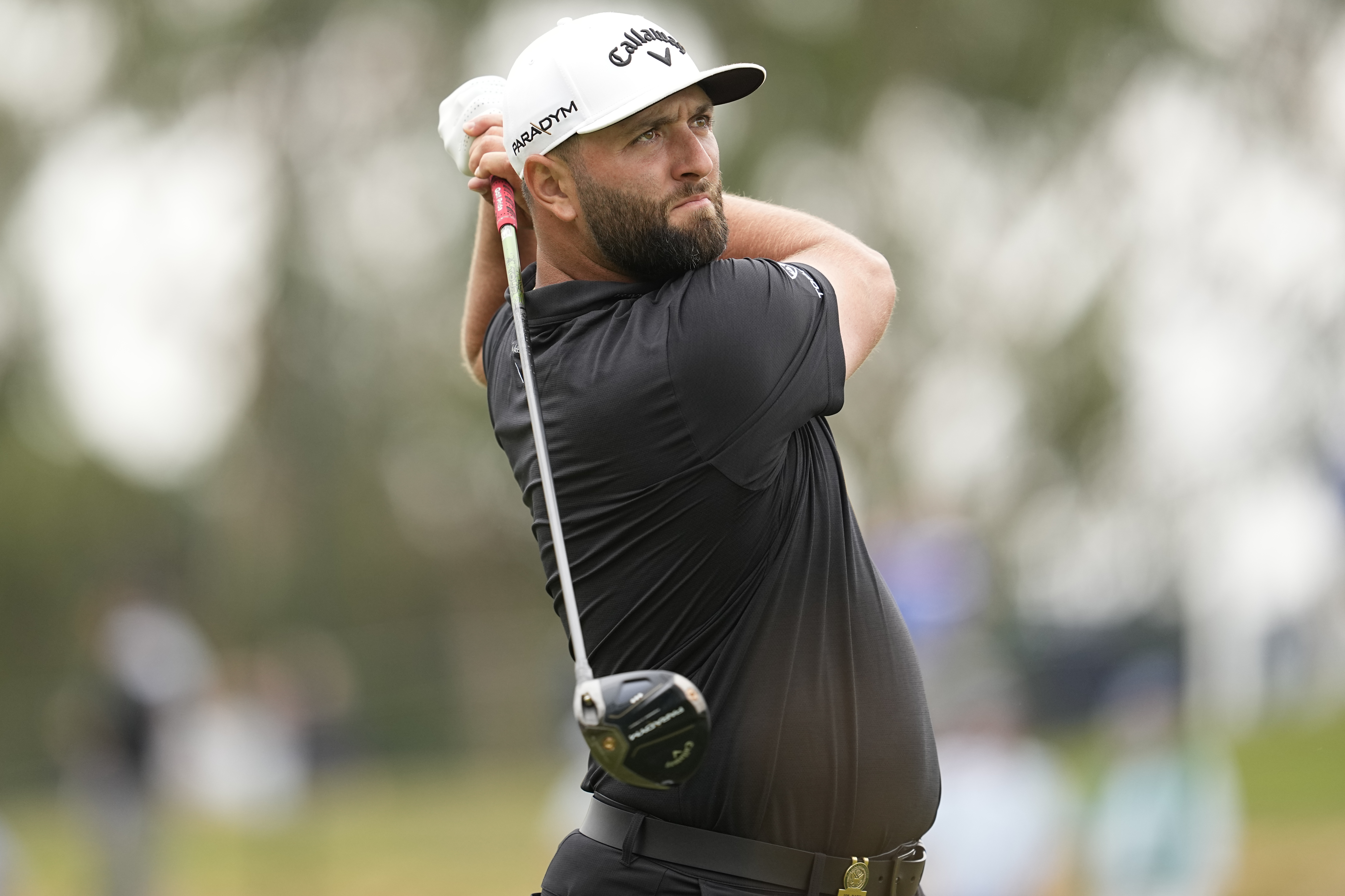 Jon Rahm watches his tee shot on the third hole during the first round of the U.S. Open golf tournament at Los Angeles Country Club on Thursday, June 15, 2023, in Los Angeles. 