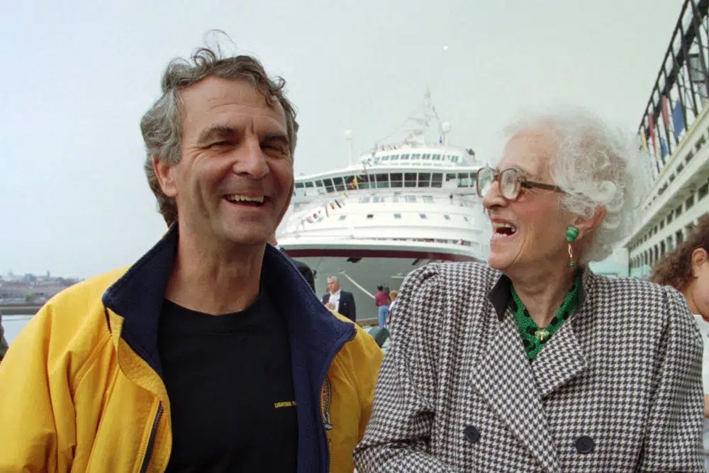 Commander Paul-Henry Nargeolet, left, laughs with Millvina Dean, 84, of England at the Black Falcon Pier in Boston on Sept.1, 1996. Nargeolet is aboard a submersible that vanished while taking five people down to the wreck of the Titanic.