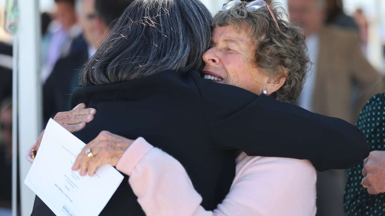 Karen Huntsman hugs Huntsman Cancer Institute CEO Mary Beckerle as the Huntsman Cancer Institute announces plans to develop a cancer center in Utah County in Vineyard on Wednesday.