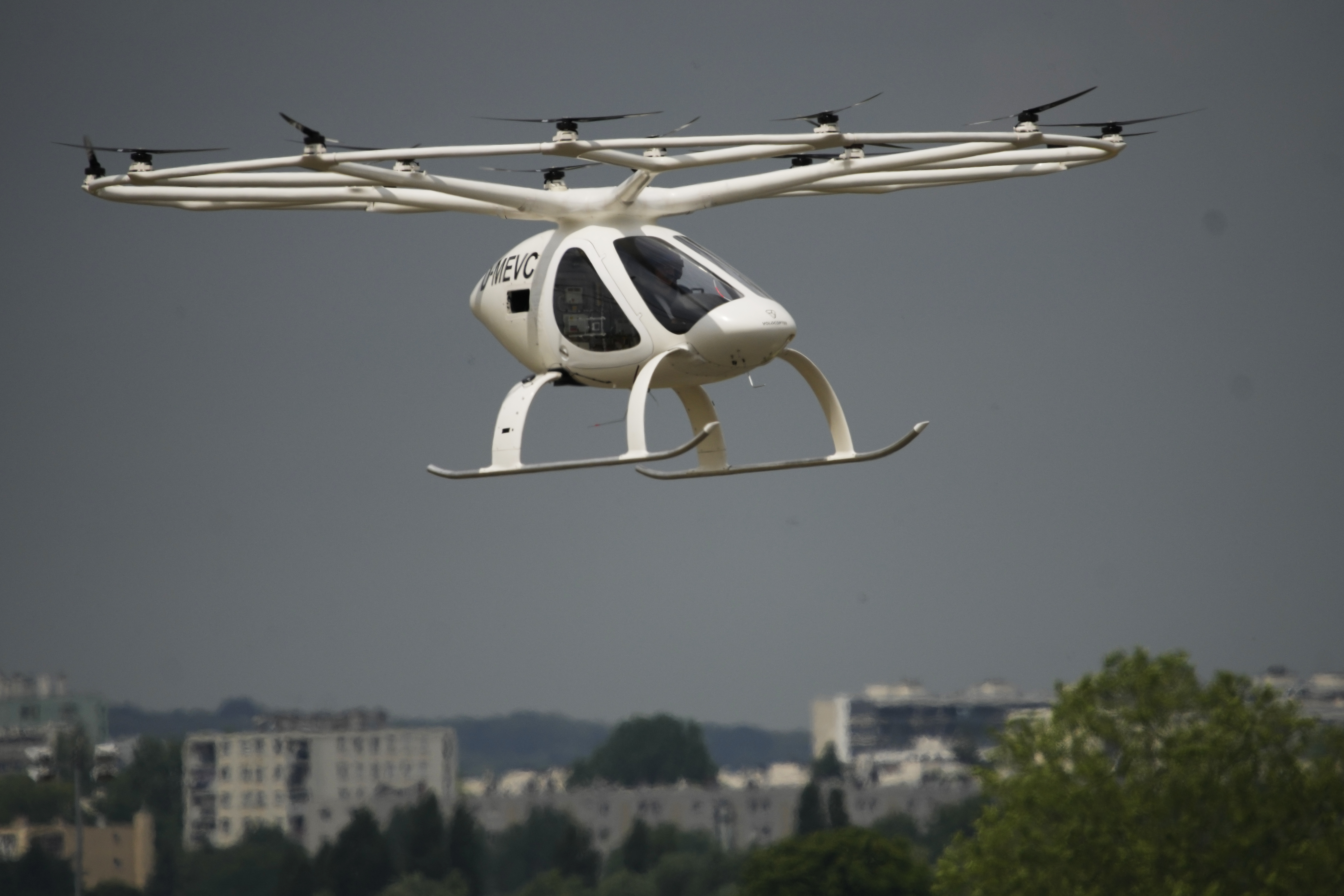 The Volocopter 2X, an electric vertical takeoff and landing multicopter, performs a demonstration flight during the Paris Air Show in Le Bourget, north of Paris, France, Monday, June 19, 2023. 