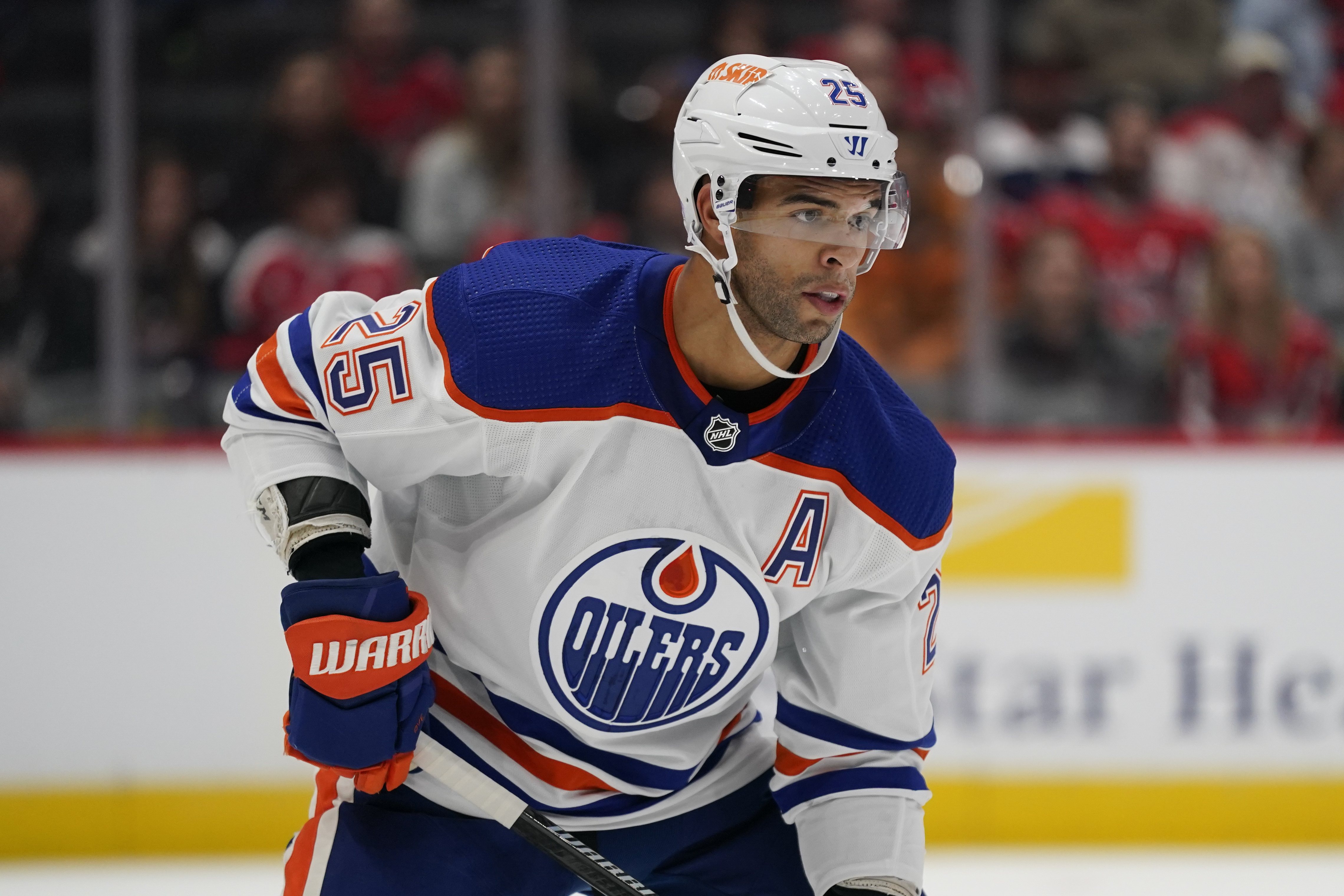 FILE - Edmonton Oilers defenseman Darnell Nurse skates in the first period of an NHL hockey game against the Washington Capitals, Monday, Nov. 7, 2022, in Washington. Early in his time in the NHL, Darnell Nurse says he did not notice a lot of players talking about what to do after hockey. Going into his ninth season, the chatter is now normal. 