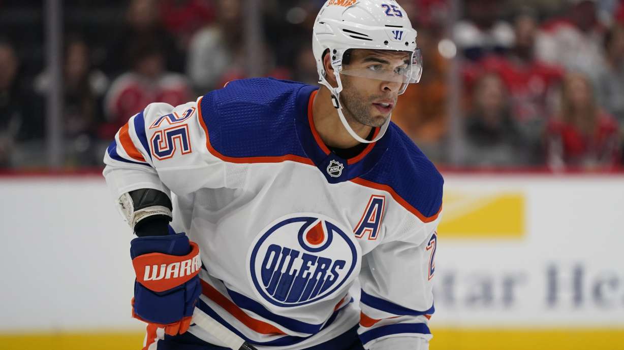 FILE - Edmonton Oilers defenseman Darnell Nurse skates in the first period of an NHL hockey game against the Washington Capitals, Monday, Nov. 7, 2022, in Washington. Early in his time in the NHL, Darnell Nurse says he did not notice a lot of players talking about what to do after hockey. Going into his ninth season, the chatter is now normal.