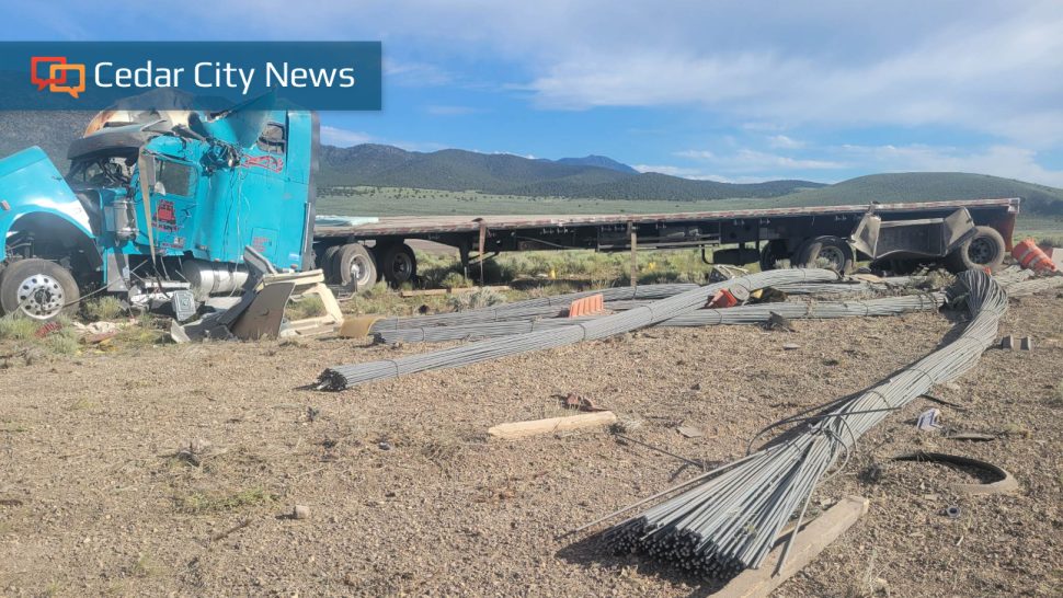 Scene of a semitruck rollover on I-15 mile at marker 98, about 10 miles south of Beaver, Wednesday. The driver escaped injury.