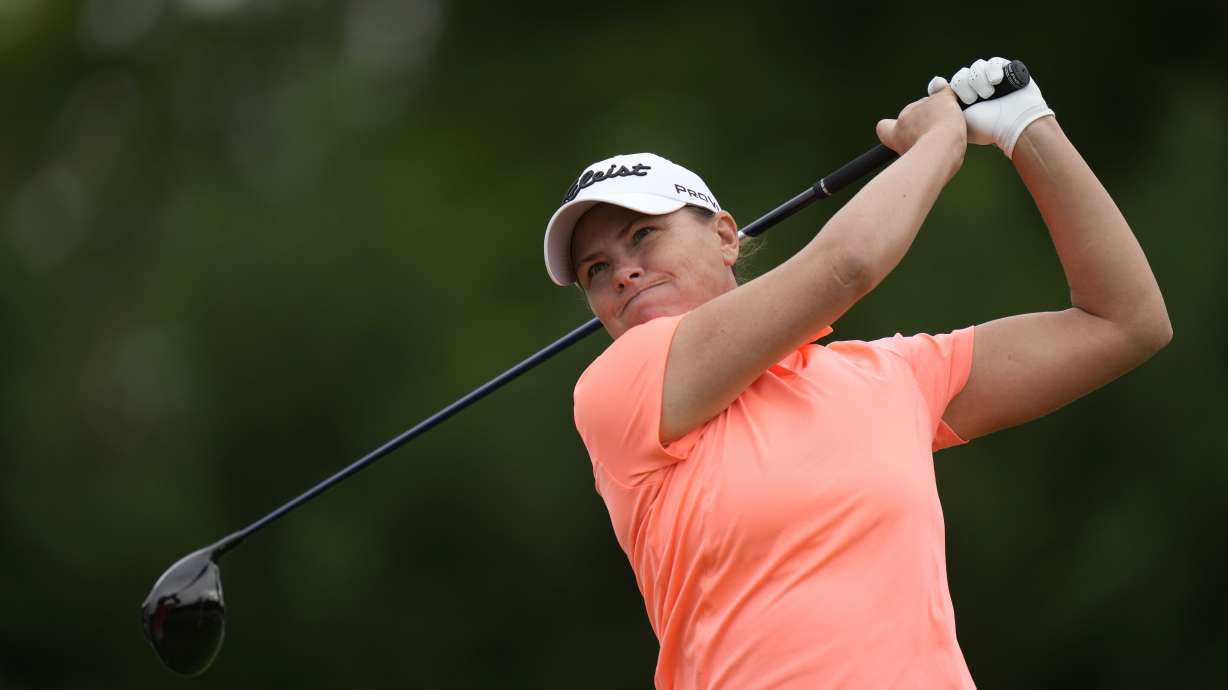 Lee-Anne Pace, of South Africa, tees off on the 14th hole during the first round of the Women's PGA Championship golf tournament, Thursday, June 22, 2023, in Springfield, N.J.