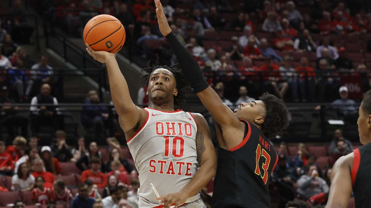Ohio State's Brice Sensabaugh plays against Maryland during an NCAA college basketball game Wednesday, March 1, 2023, in Columbus, Ohio.