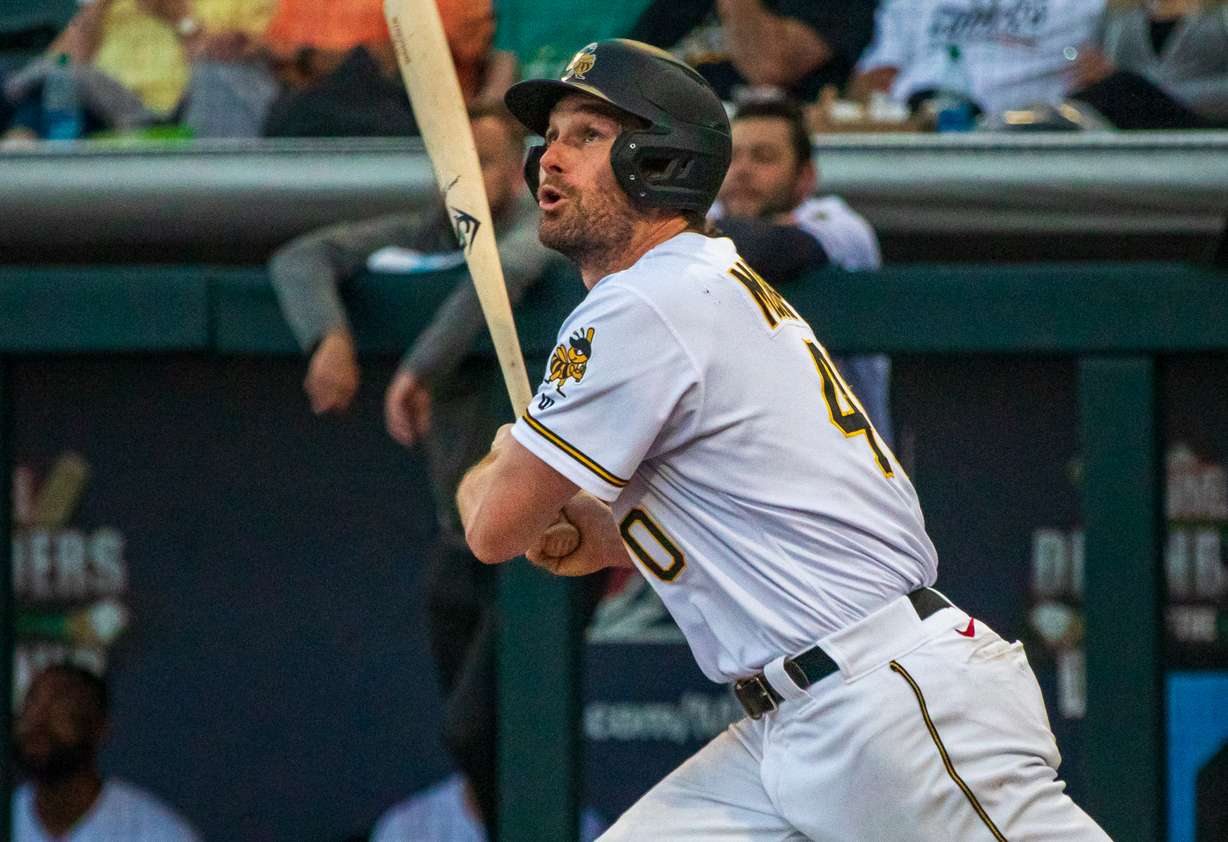 Salt Lake Bees infielder Daniel Murphy swings at a pitch during a game against the Sugar Land Space Cowboys at Smith's Ballpark on Thursday. Murphy, 38, joined the team this week after the Los Angeles Angels purchased his contract from an independent league team earlier this month.