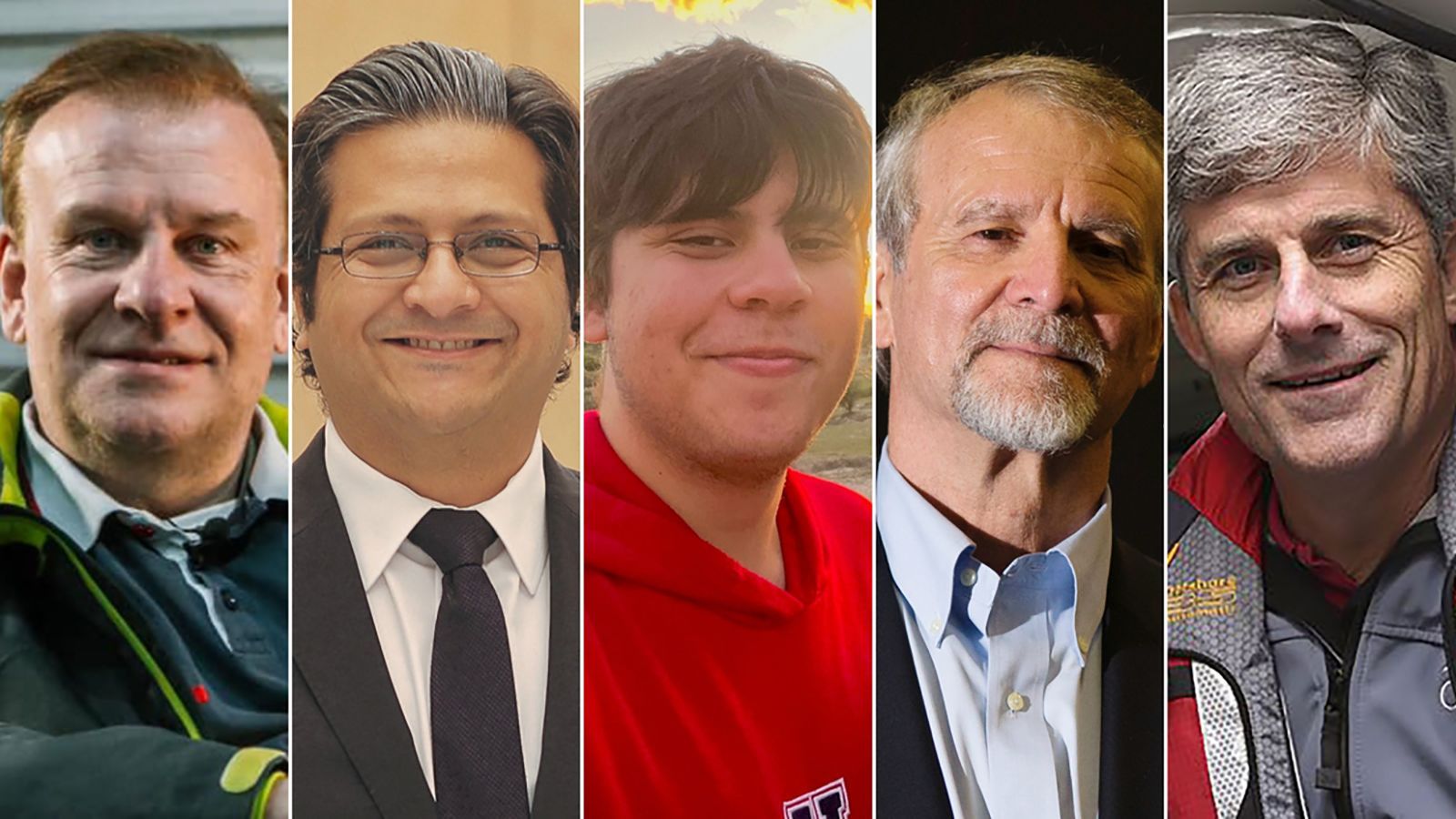 Victims of the Titan implosion from left, Hamish Harding, Shahzada Dawood, Suleman Dawood, Paul-Henri Nargeolet and Stockton Rush.