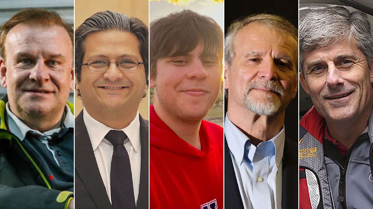 Victims of the Titan implosion from left, Hamish Harding, Shahzada Dawood, Suleman Dawood, Paul-Henri Nargeolet and Stockton Rush.