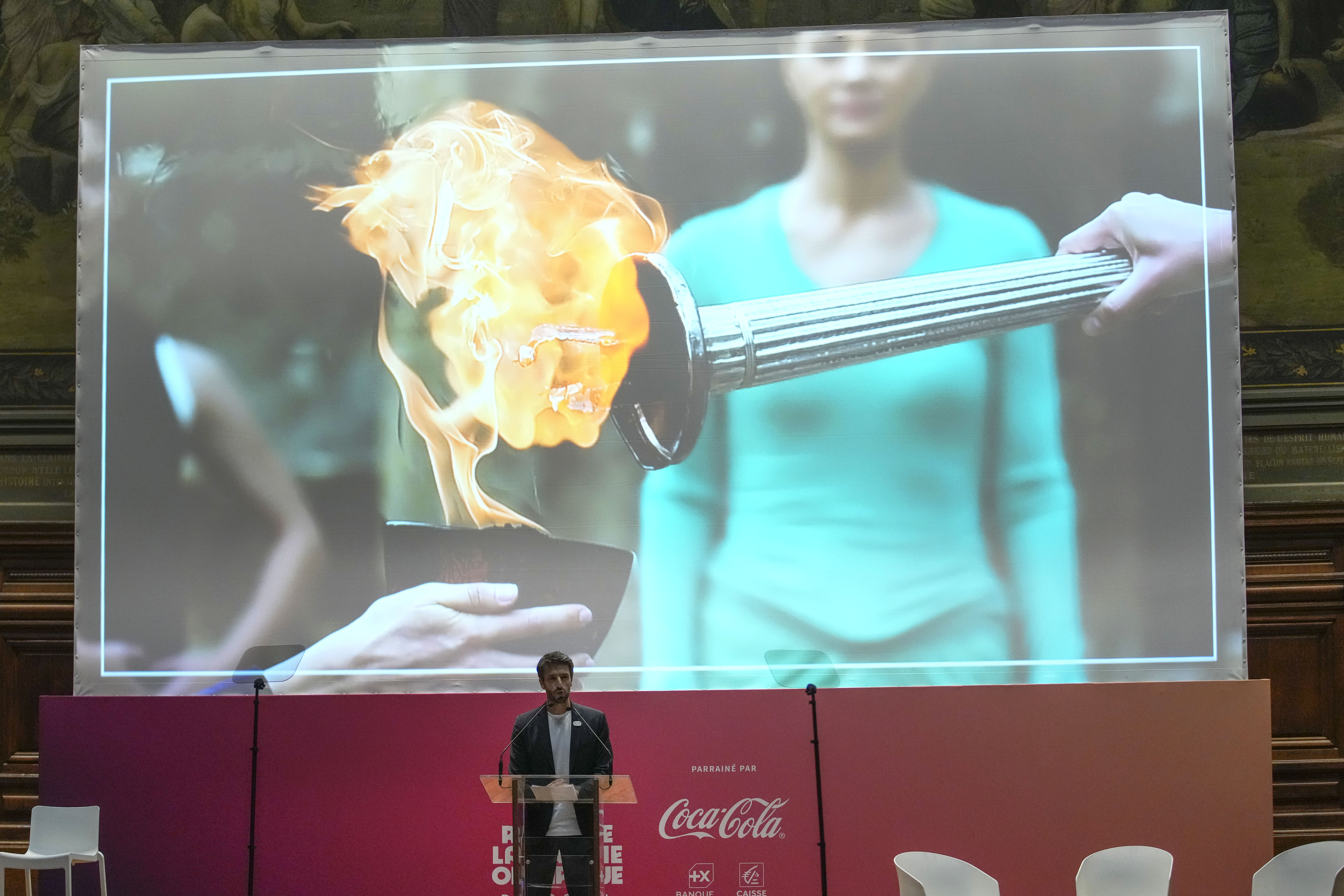 President of the Paris Organising Committee of the 2024 Olympic and Paralympic Games President Tony Estanguet speaks during the unveiling of the route for the Paris 2024 Olympic Torch relay at the Sorbonne in Paris, Friday, June 23, 2023. The route of the Torch is expected to take in more than 60 departments across France as it is carried for three months in the lead-up to the July Olympics in Paris. 