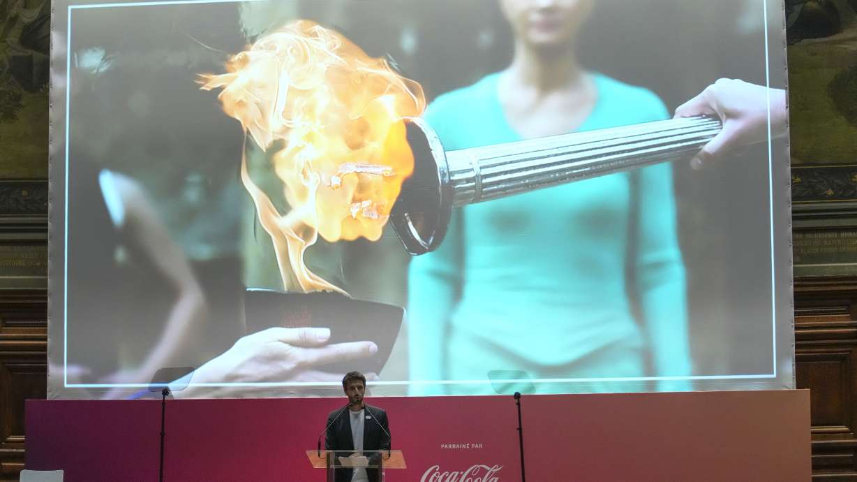 President of the Paris Organising Committee of the 2024 Olympic and Paralympic Games President Tony Estanguet speaks during the unveiling of the route for the Paris 2024 Olympic Torch relay at the Sorbonne in Paris, Friday, June 23, 2023. The route of the Torch is expected to take in more than 60 departments across France as it is carried for three months in the lead-up to the July Olympics in Paris.