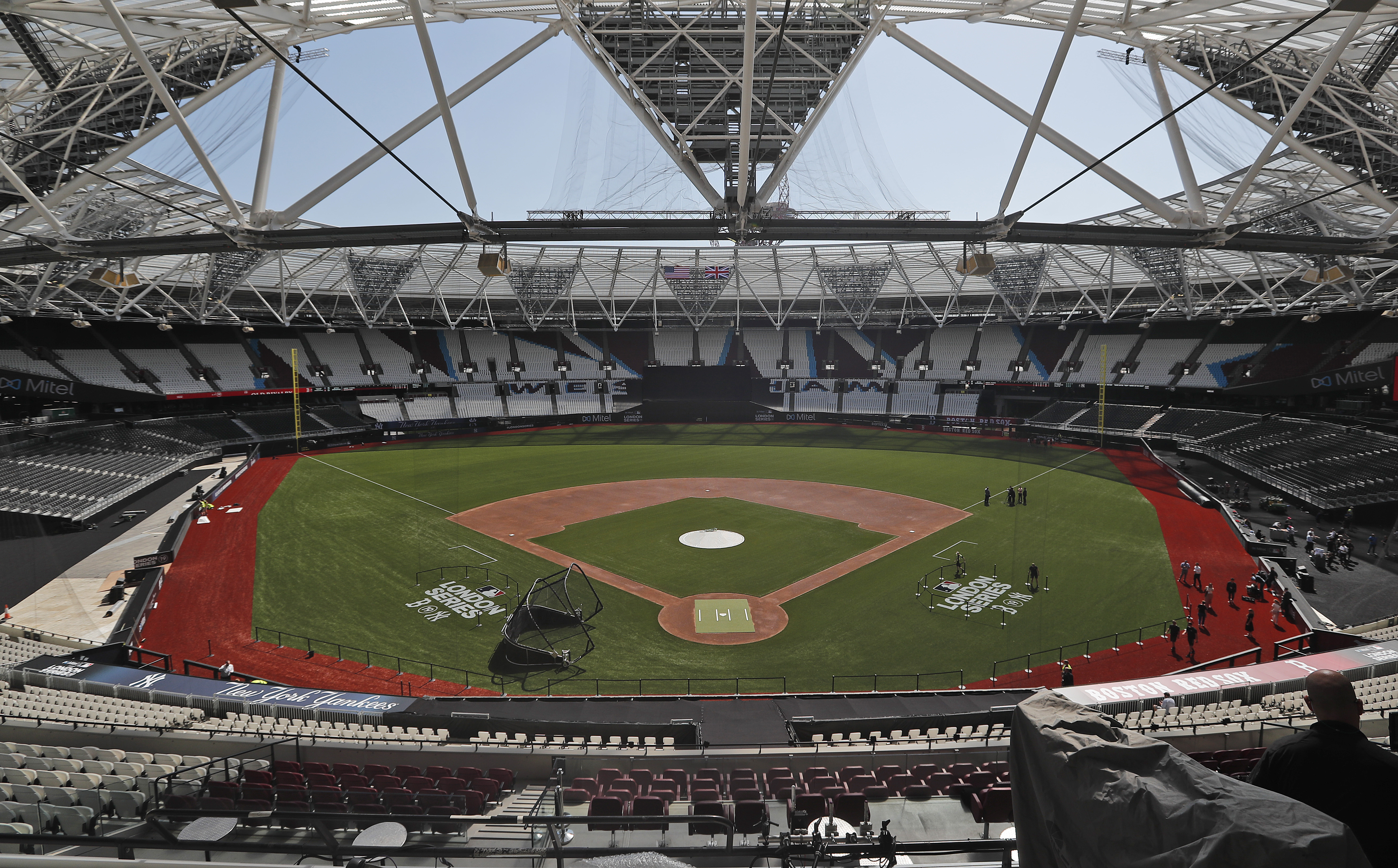 FILE - General view at the pitch during an unveiling of the London Stadium in London, on June 27, 2019. The baseball field being installed at London Stadium will be slightly bigger than the one in 2019. The St. Louis Cardinals and Chicago Cubs will play two games at the home of Premier League club West Ham next weekend. 