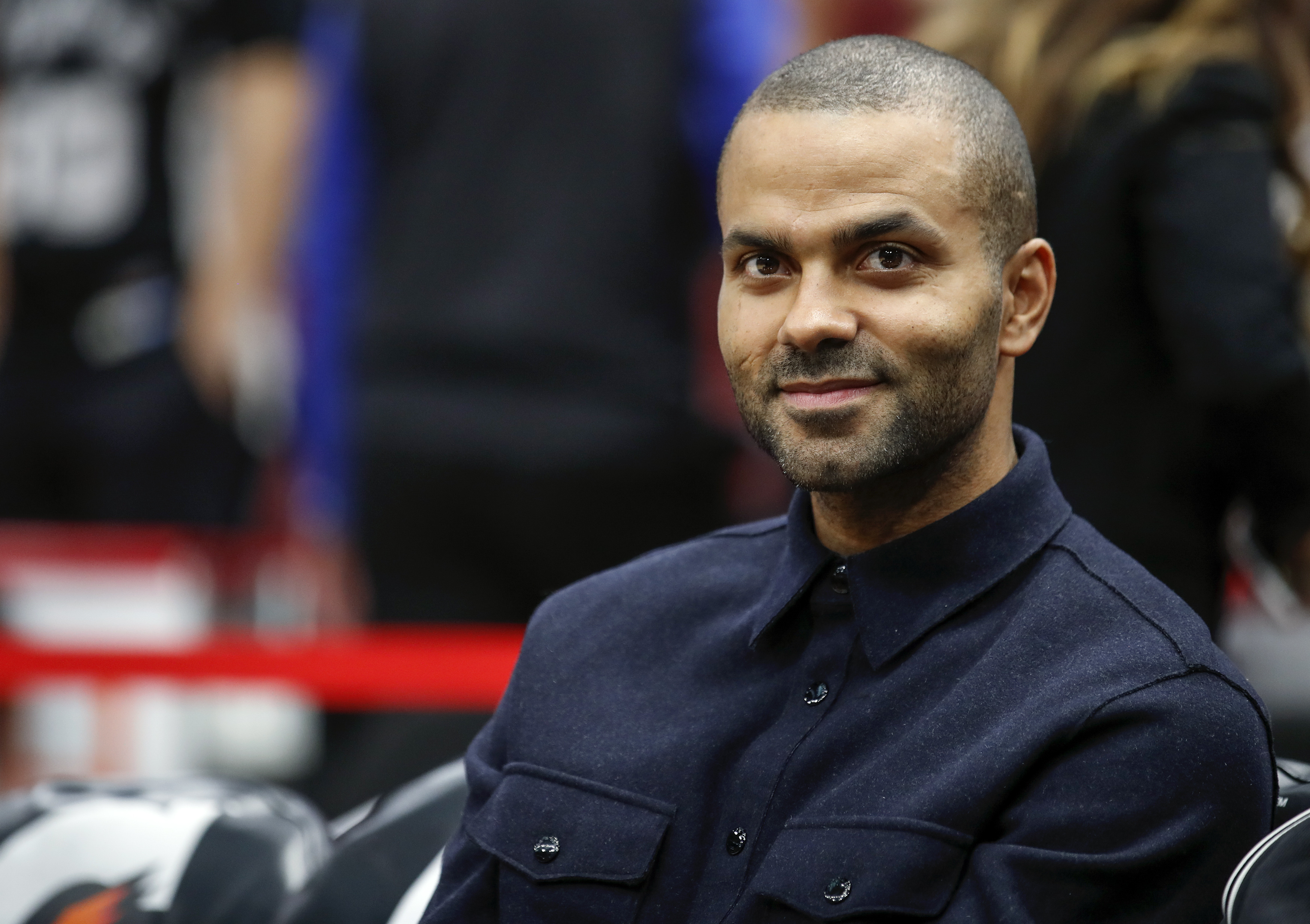 FILE - San Antonio Spurs guard Tony Parker smiles before an NBA basketball game against the Chicago Bulls, Oct. 21, 2017, in Chicago. The four-time NBA champion told The Associated Press on Friday, June 23, 2023, he sees a bright future at his former team for fellow Frenchman Victor Wembanyama. 