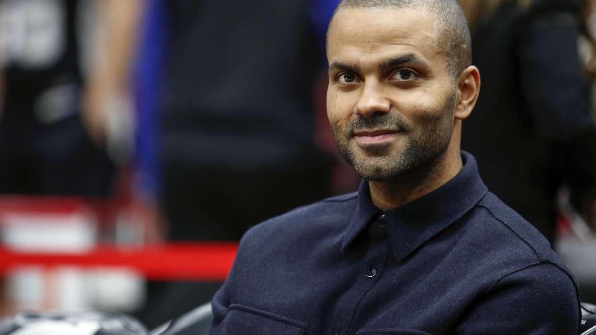 FILE - San Antonio Spurs guard Tony Parker smiles before an NBA basketball game against the Chicago Bulls, Oct. 21, 2017, in Chicago. The four-time NBA champion told The Associated Press on Friday, June 23, 2023, he sees a bright future at his former team for fellow Frenchman Victor Wembanyama.
