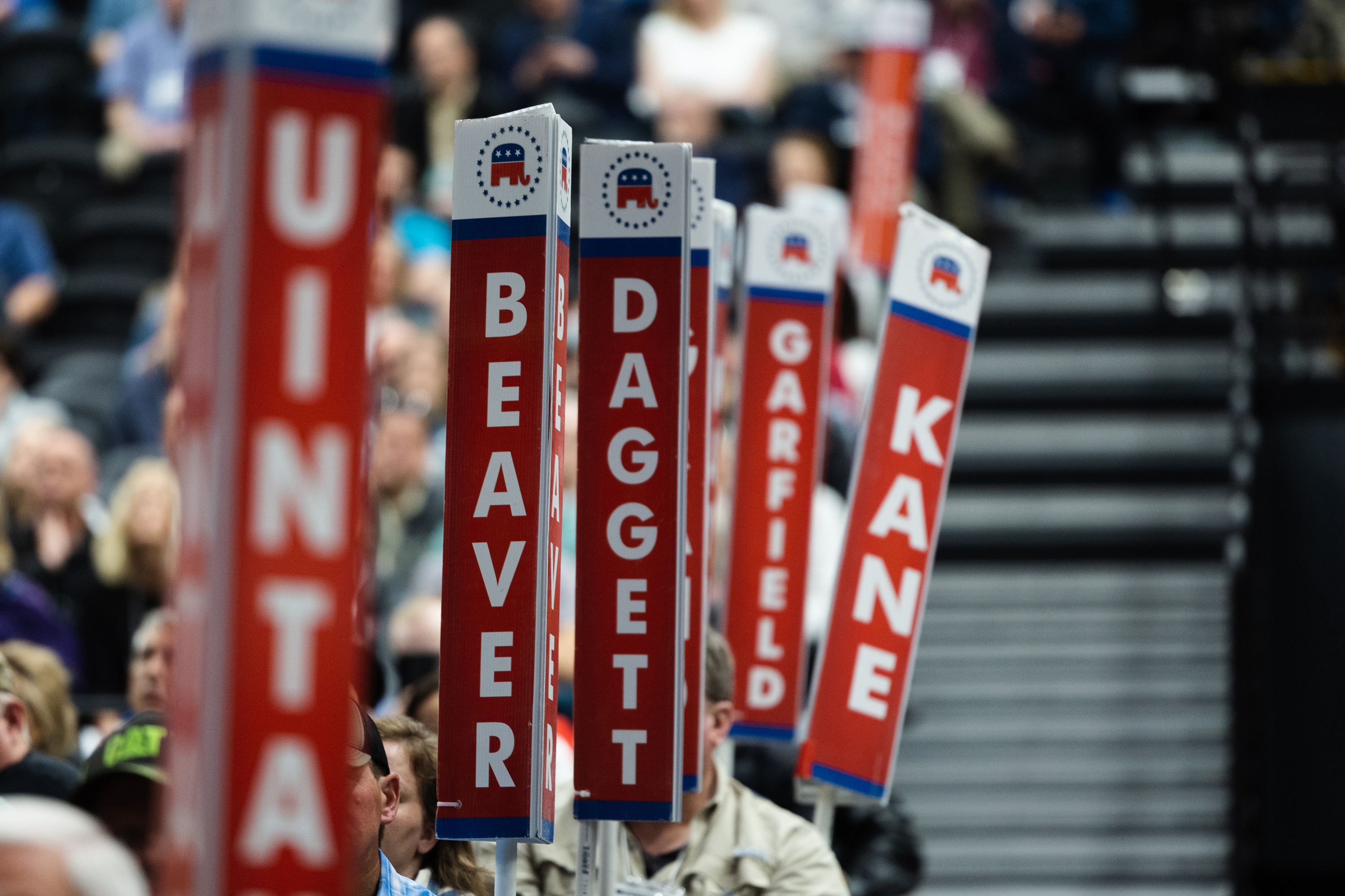 Signs displaying county names stand during the Utah Republican Party Organizing Convention at Utah Valley University in Orem on April 22. Two Republicans running for Rep. Chris Stewart's seat confirmed participation in debates in 10 counties.
