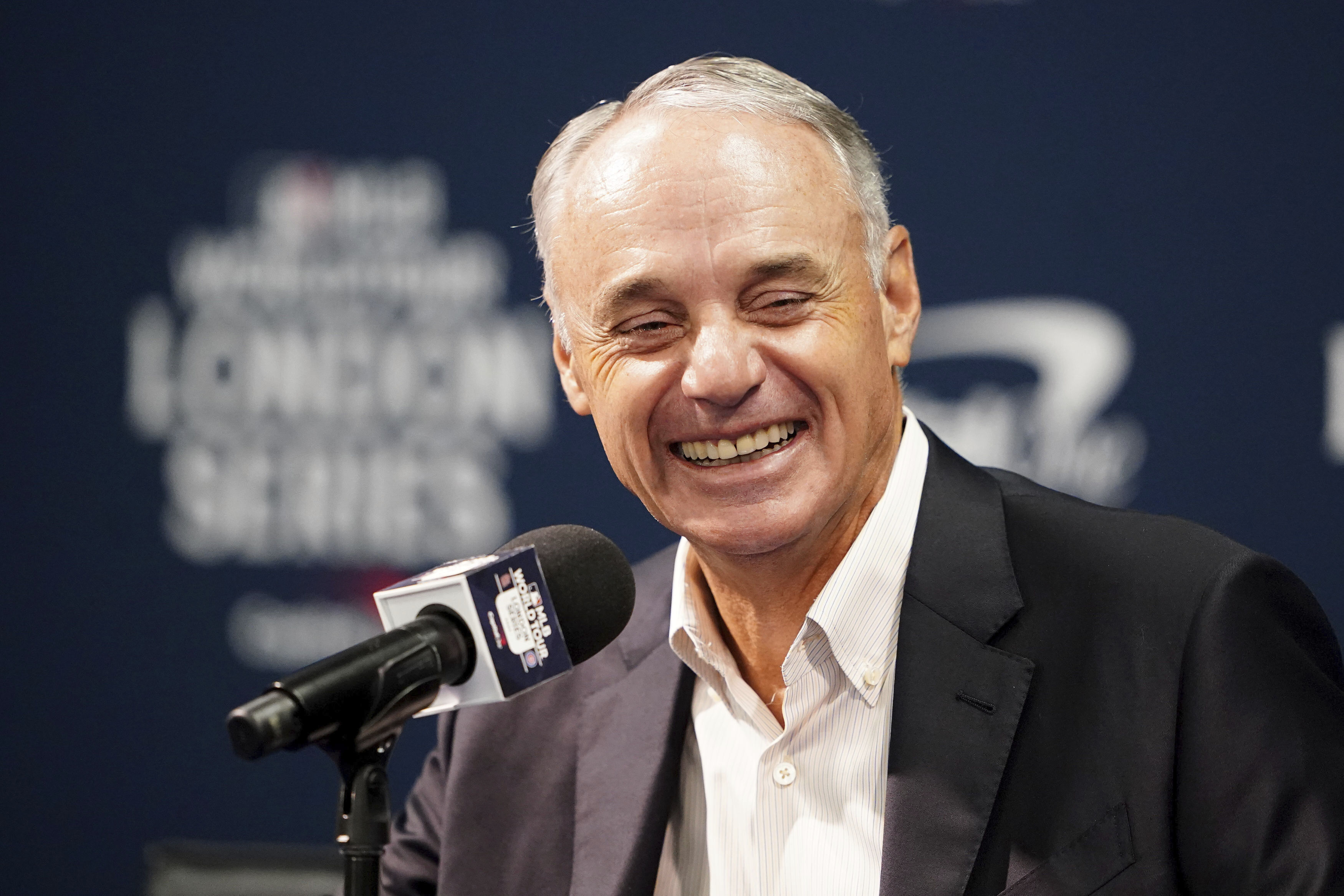 MLB Commissioner, Robert Manfred, speaks during a press conference during a workout day ahead of the MLB London Series Match between the St. Louis Cardinals and Chicago Cubs at the London Stadium, London, Friday June 23, 2023. 