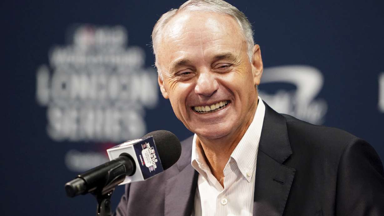 MLB Commissioner, Robert Manfred, speaks during a press conference during a workout day ahead of the MLB London Series Match between the St. Louis Cardinals and Chicago Cubs at the London Stadium, London, Friday June 23, 2023.