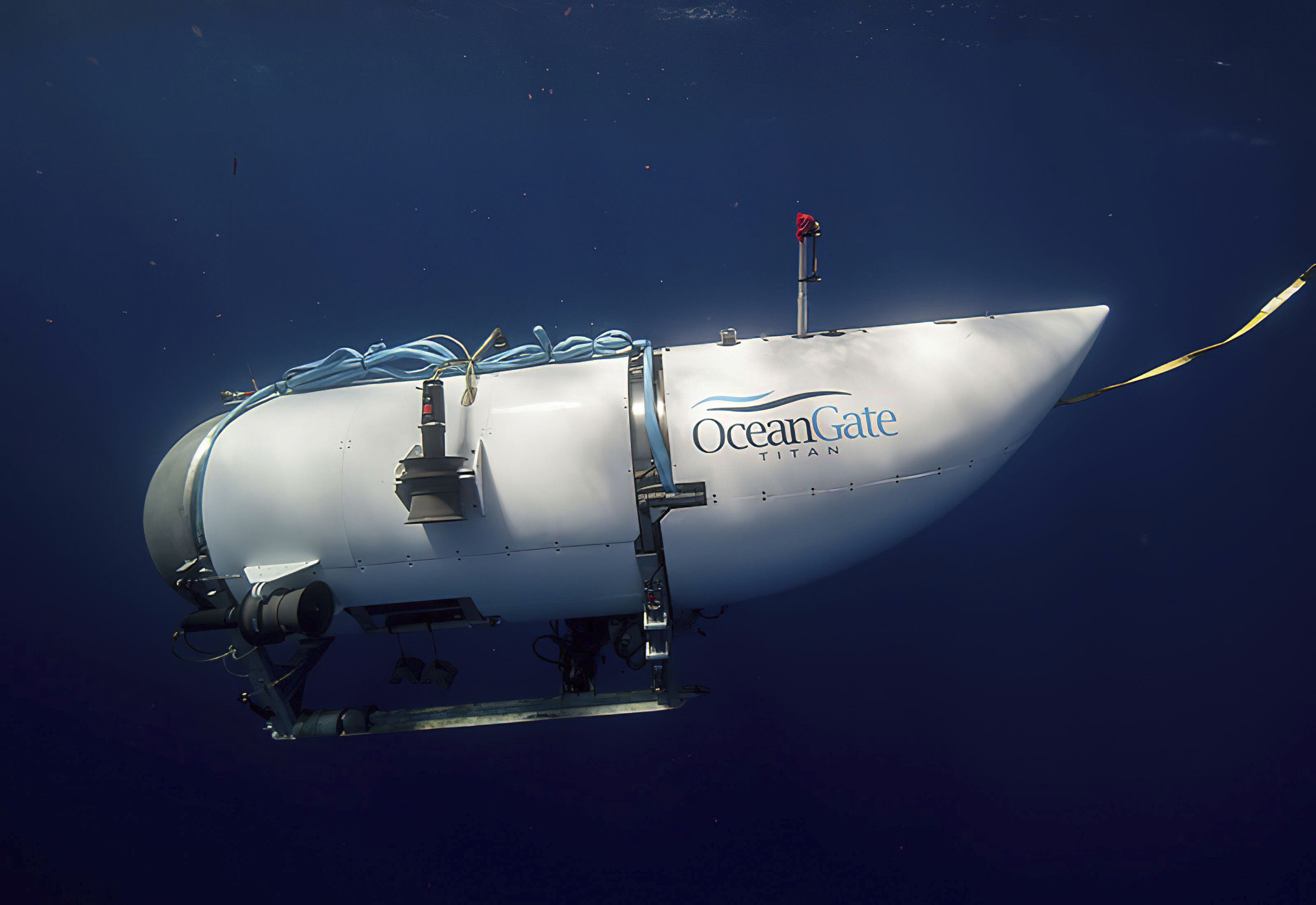 This photo provided by OceanGate Expeditions shows a submersible vessel named Titan used to visit the wreckage site of the Titanic. In a race against the clock on the high seas, an expanding international armada of ships and airplanes searched Tuesday for the submersible that vanished in the North Atlantic while taking five people down to the wreck of the Titanic.