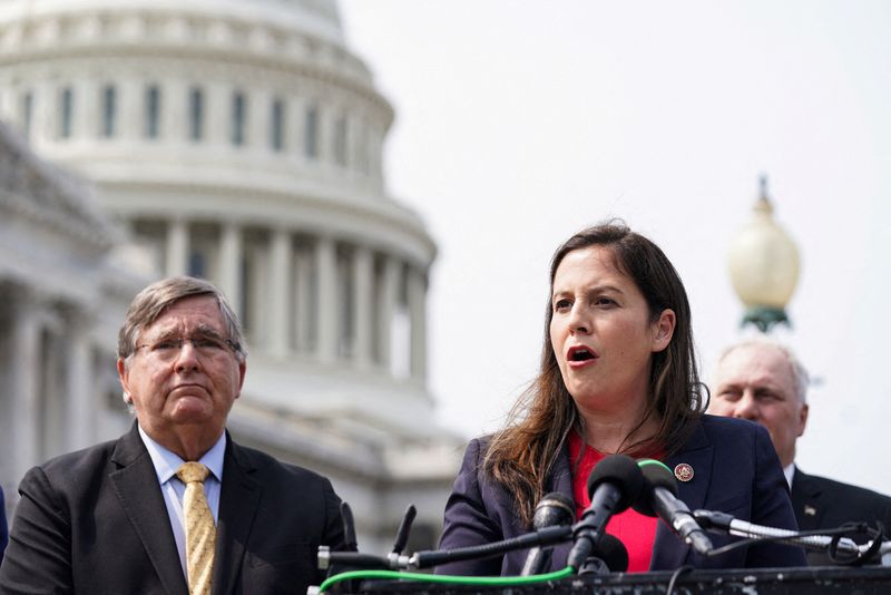 Rep. Elise Stefanik, R-N.Y., and members of the GOP Doctors Caucus hold a press conference on fentanyl outside of the U.S. Capitol in Washington, D.C., U.S., May 23. Two of Donald Trump's staunchest allies in the U.S. Congress have introduced legislation aimed at expunging the former president's two impeachments.