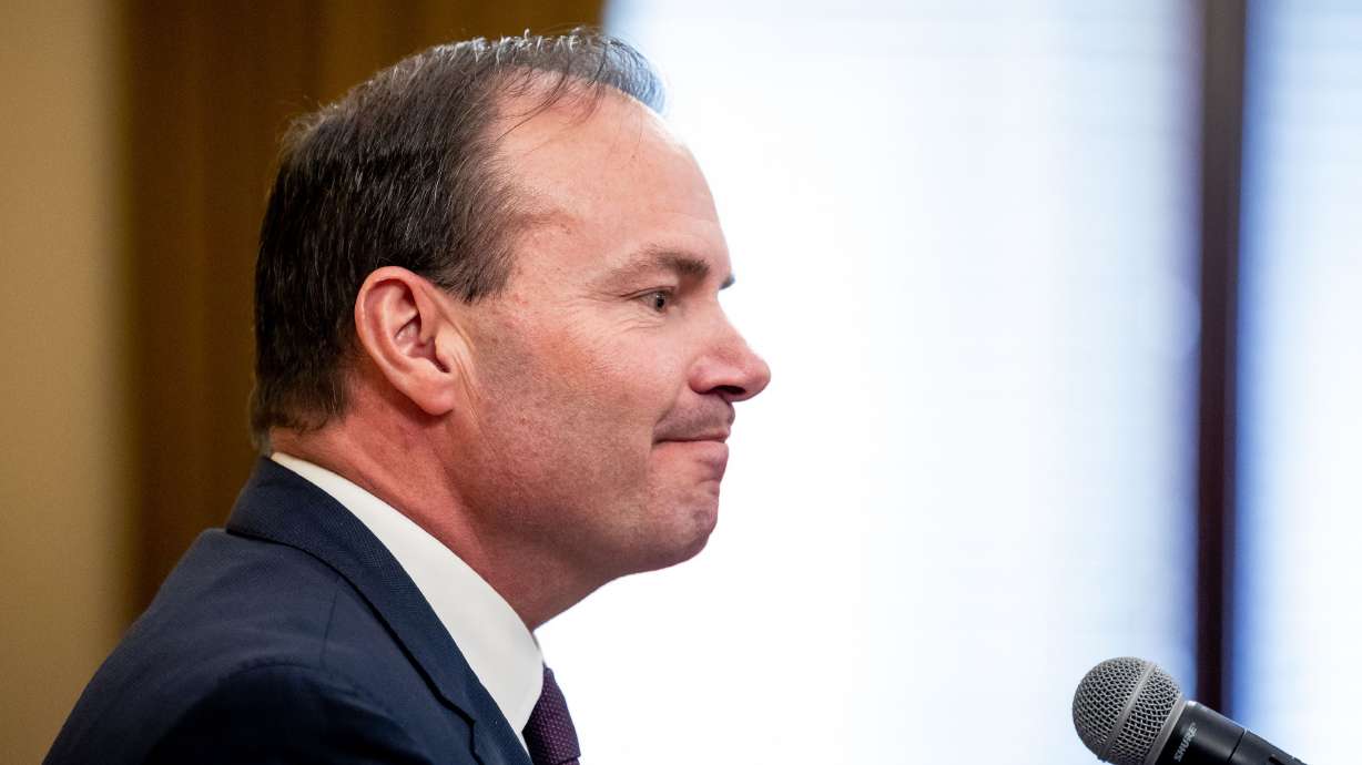 Sen. Mike Lee, R-Utah, at the Capitol in Salt Lake City on April 14. In a speech on the Senate floor Thursday, Sen. Mike Lee commemorated the first anniversary of the Supreme Court's landmark decision to overturn Roe v. Wade.