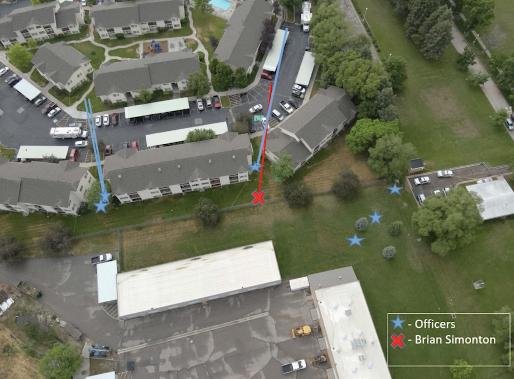 A map shows the locations of officers and Brian Simonton during a shootout that resulted in Simonton's death on June 6.