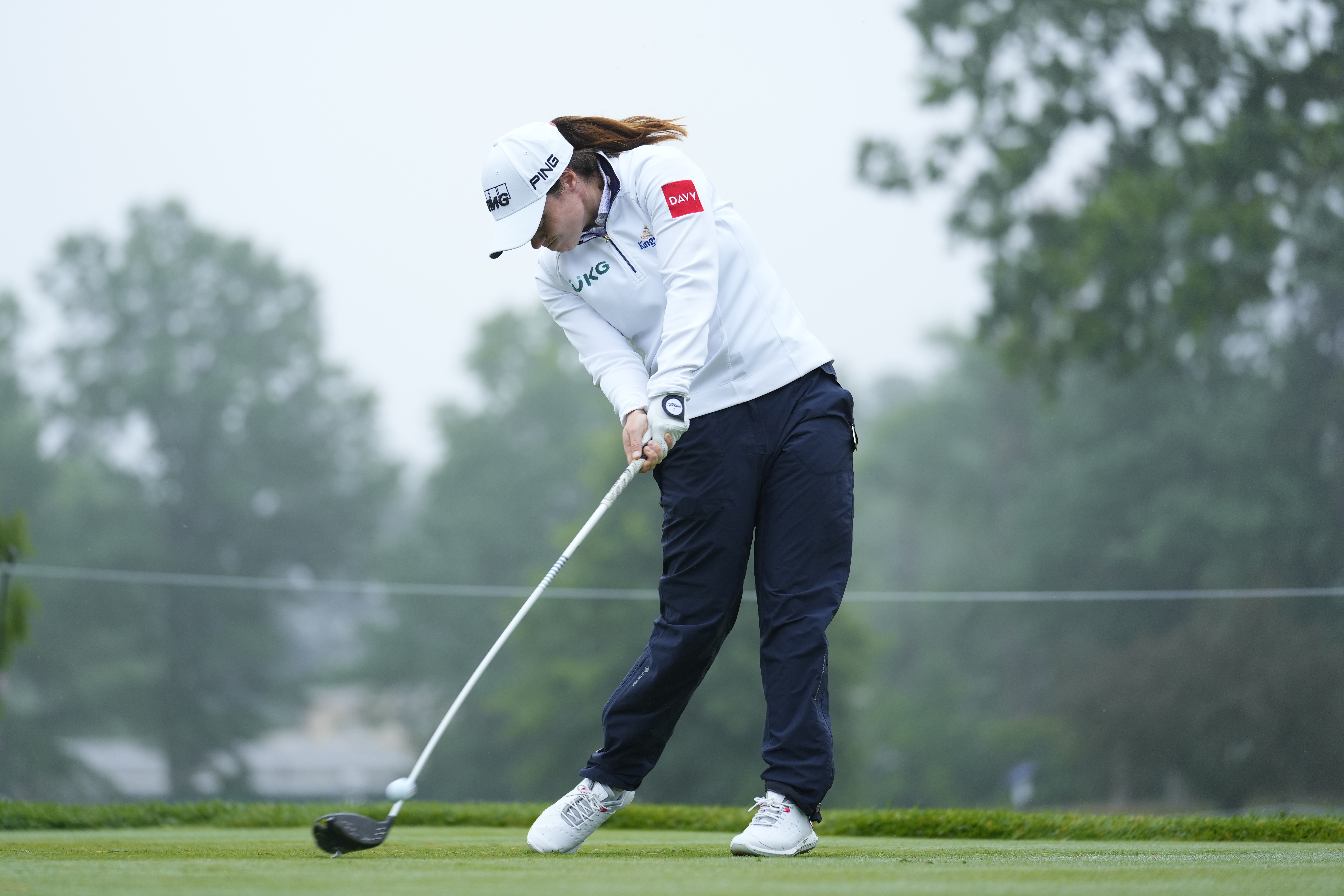 Leona Maguire, of Ireland, tees off on the 13th hole during the second round of the Women's PGA Championship golf tournament, Friday, June 23, 2023, in Springfield, N.J. 