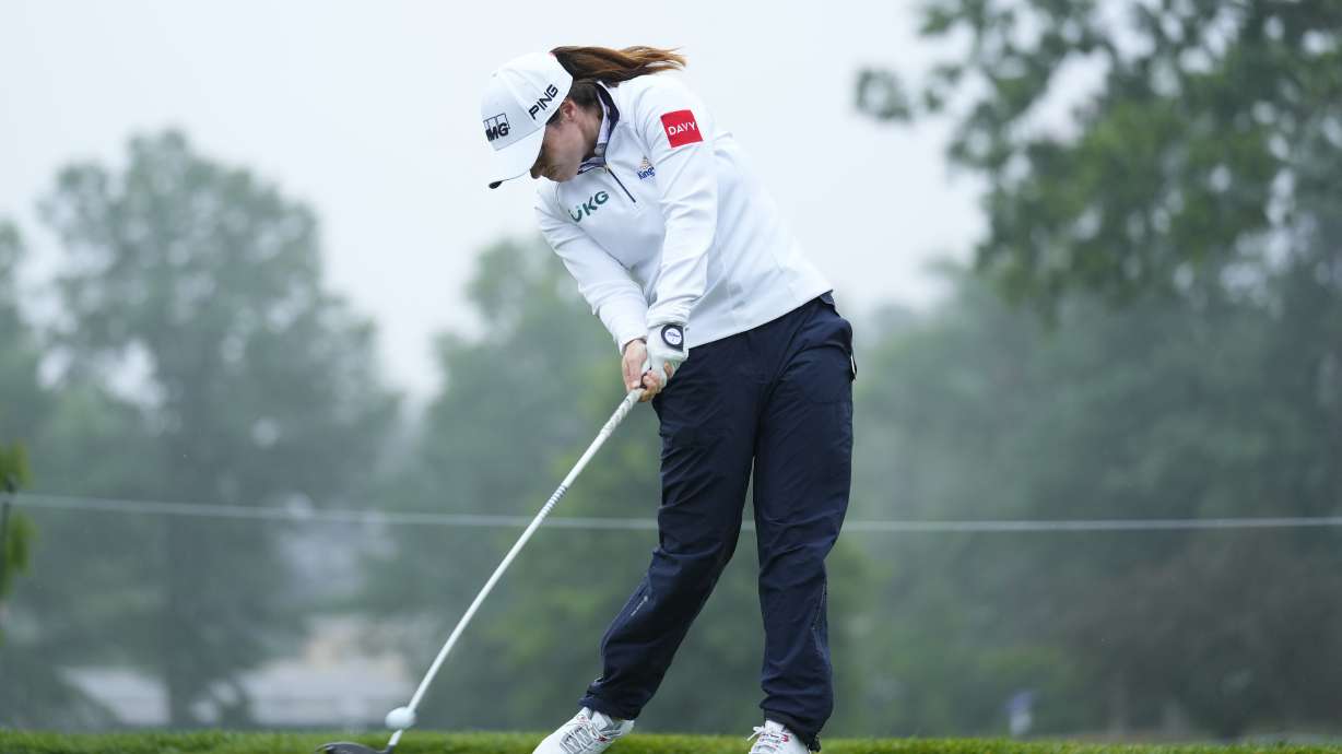 Leona Maguire, of Ireland, tees off on the 13th hole during the second round of the Women's PGA Championship golf tournament, Friday, June 23, 2023, in Springfield, N.J.