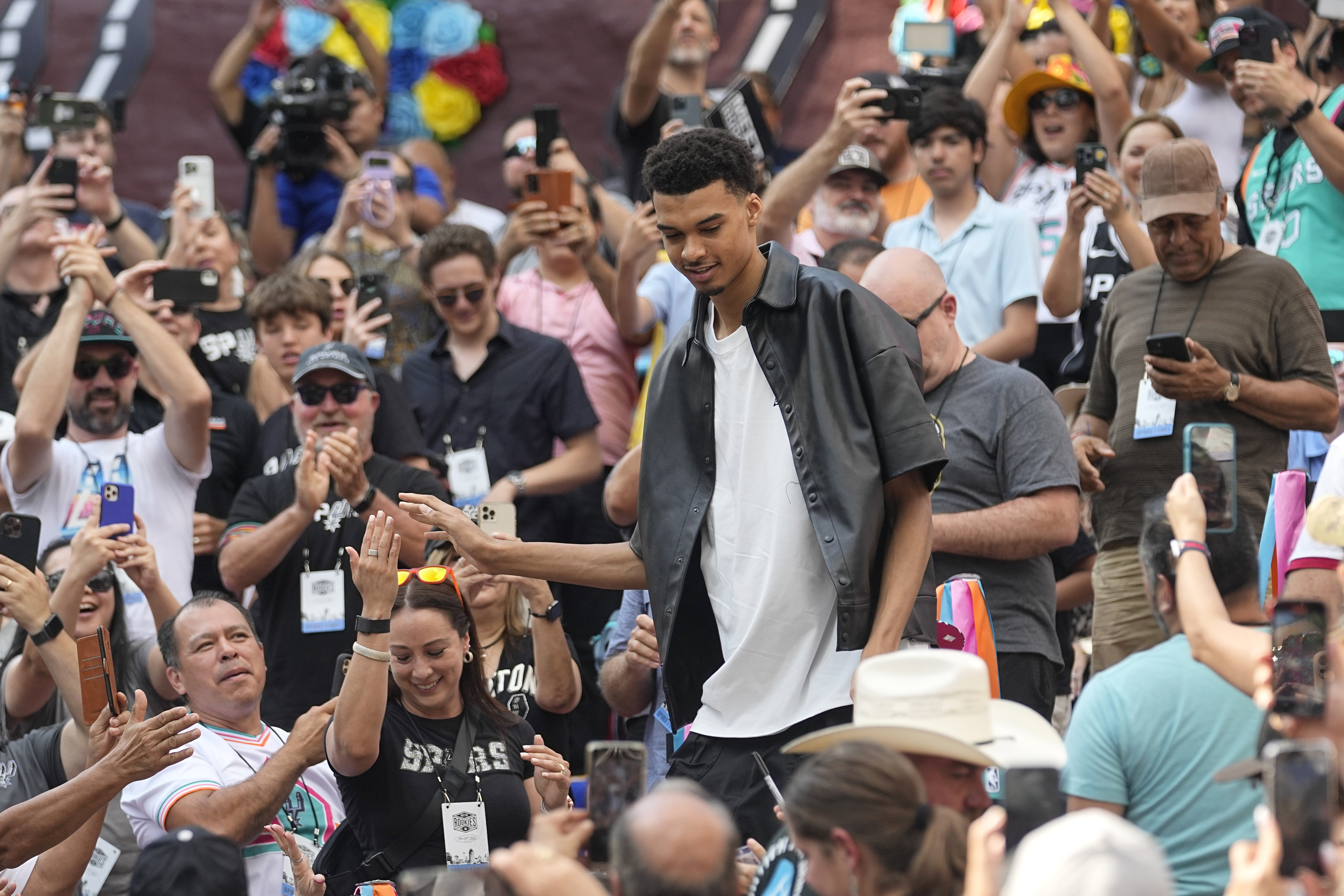 San Antonio Spurs NBA basketball first round draft pick Victor Wembanyama arrives at a meet the rookies event in San Antonio, Saturday, June 24, 2023. 