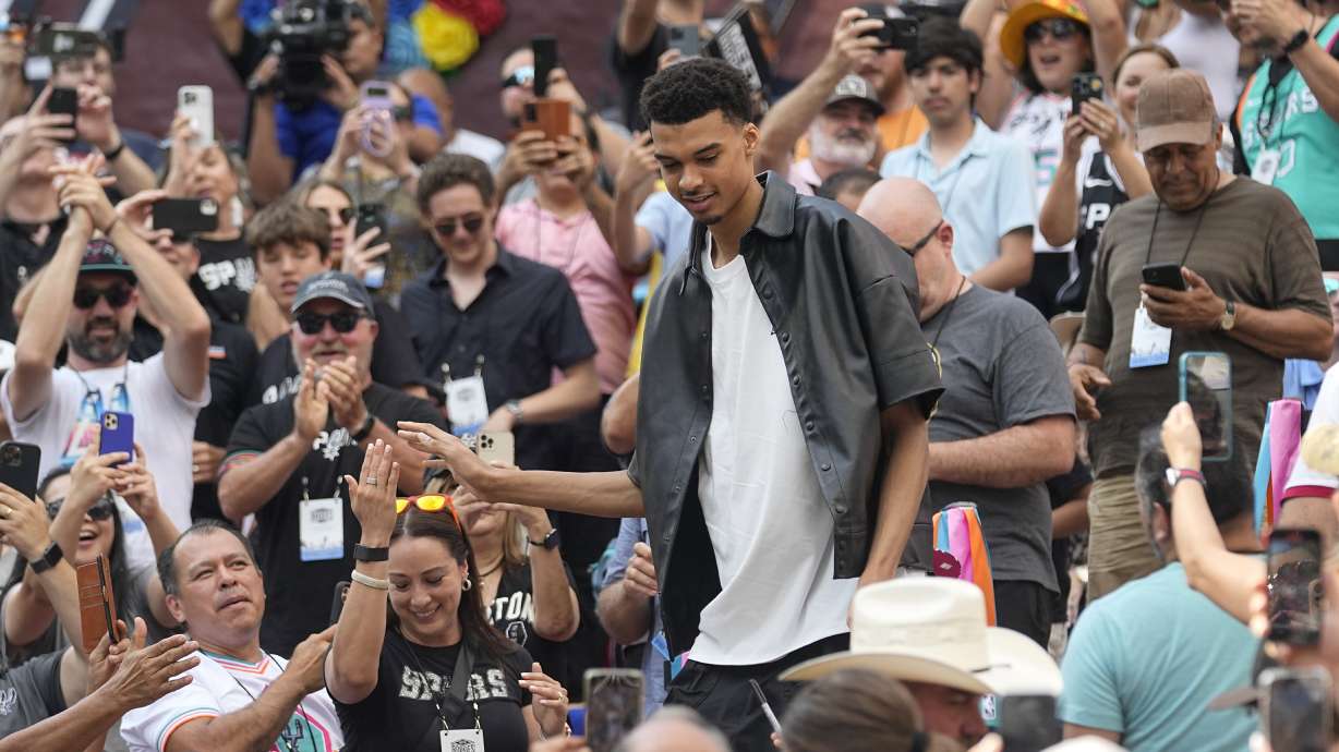San Antonio Spurs NBA basketball first round draft pick Victor Wembanyama arrives at a meet the rookies event in San Antonio, Saturday, June 24, 2023.
