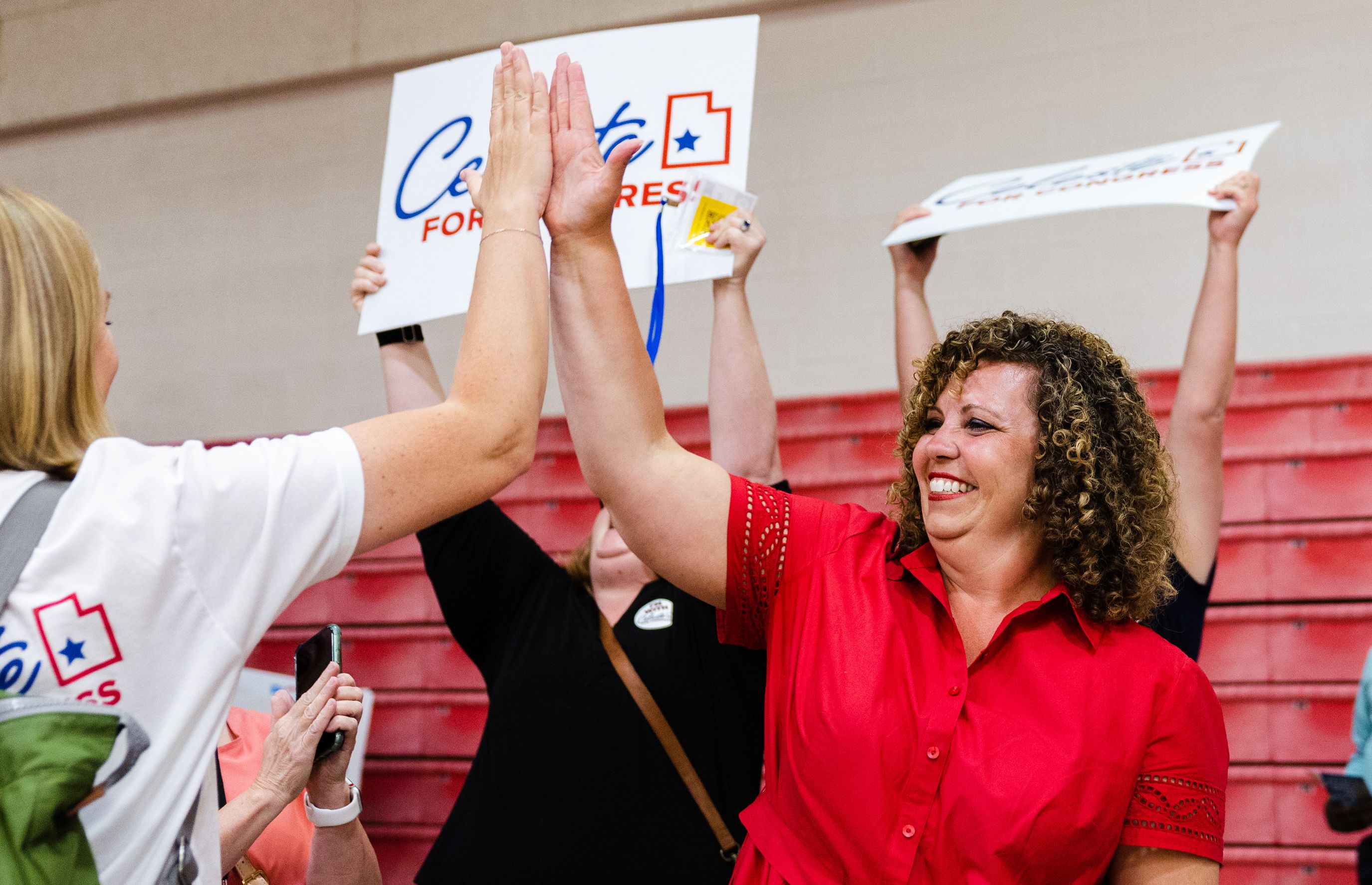 Utah Congressional 2nd District candidate Celeste Maloy high-fives a supporter after securing the nomination during the Utah Republican Party’s special election at Delta High School in Delta on June 24, 2023.