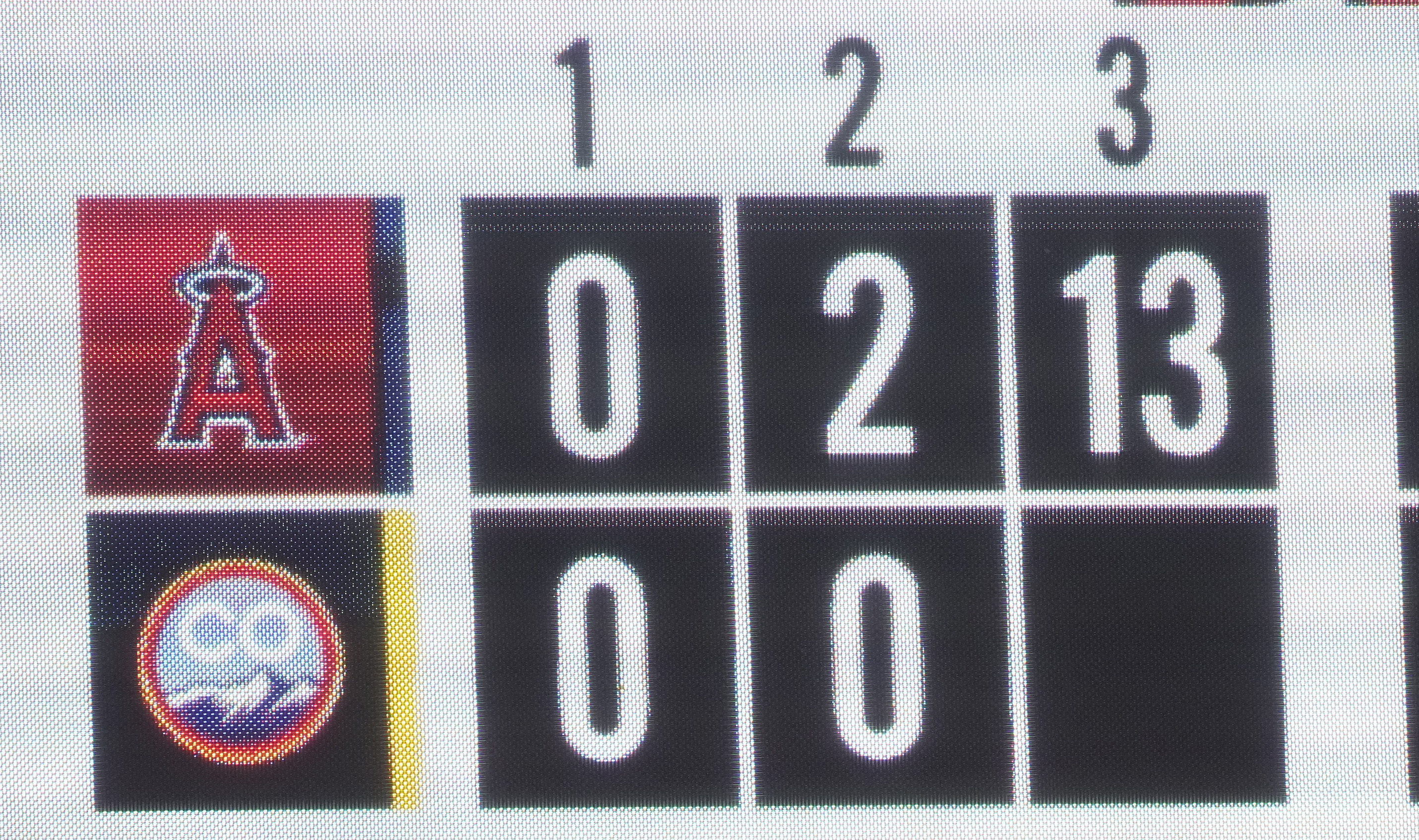 The scoreboard shows the Los Angeles Angels scored 13 runs against the Colorado Rockies during the third inning of a baseball game Saturday, June 24, 2023, in Denver. 