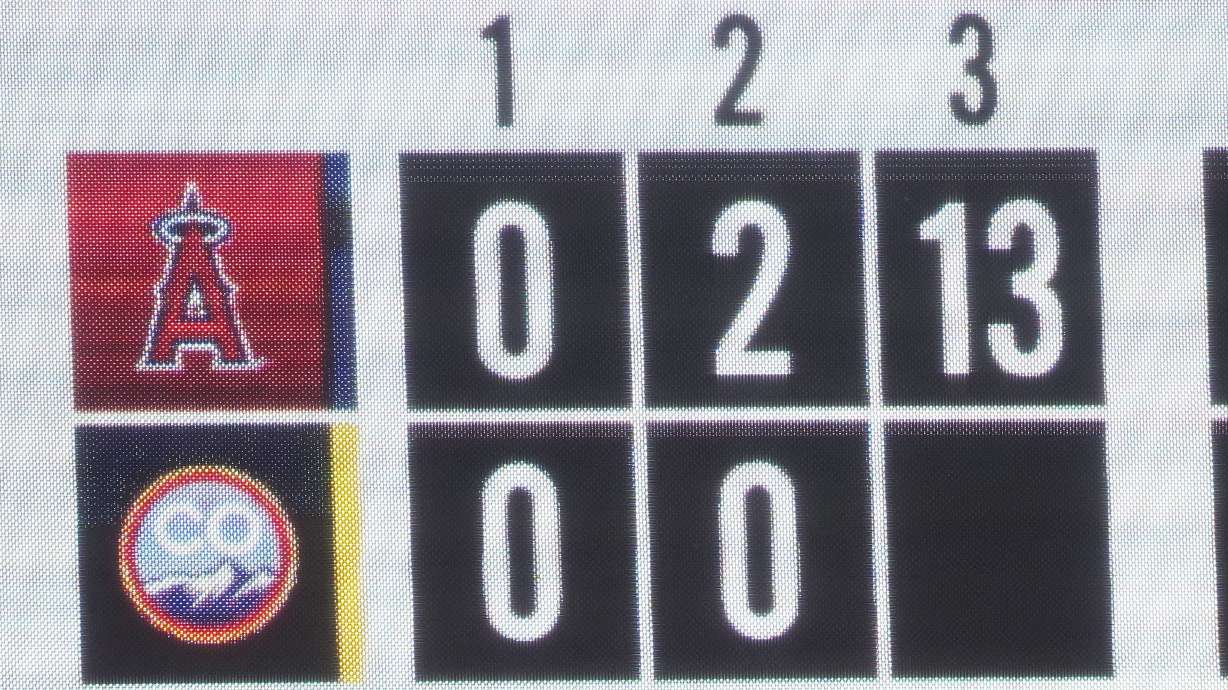 The scoreboard shows the Los Angeles Angels scored 13 runs against the Colorado Rockies during the third inning of a baseball game Saturday, June 24, 2023, in Denver.