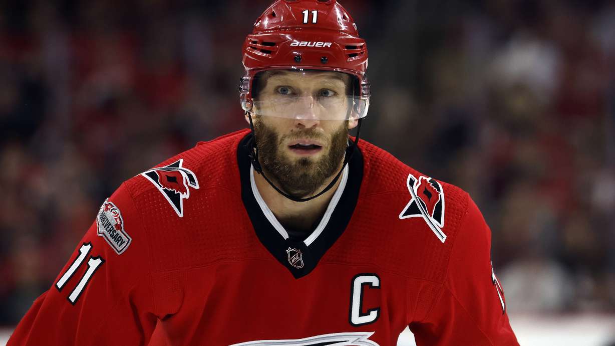 FILE - Carolina Hurricanes' Jordan Staal (11) waits for a face-off against the Florida Panthers during the second period of Game 2 of the NHL hockey Stanley Cup Eastern Conference finals in Raleigh, N.C., Saturday, May 20, 2023. Staal is staying with the Carolina Hurricanes after signing a four-year contract worth $11.6 million, announced by the team with their captain Sunday, June 25, 2023.