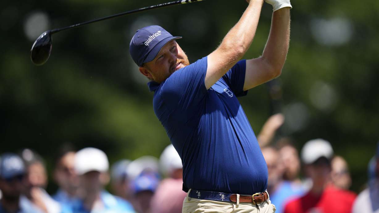 Zac Blair hits from the first tee during the final round of the Travelers Championship golf tournament at TPC River Highlands, Sunday, June 25, 2023, in Cromwell, Conn.