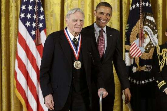 President Barack Obama awards the National Medal of Science to Dr. John Goodenough, of the University of Texas, during a ceremony in the East Room of the White House in Washington Feb. 1, 2013.