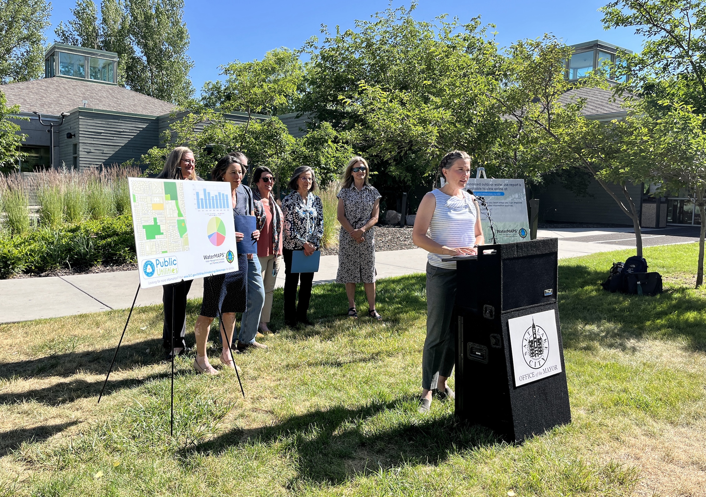 Salt Lake City Mayor Erin Mendenhall speaks outside of the Day-Riverside Branch Library in Salt Lake City on Monday, introducing a new water-conservation program.