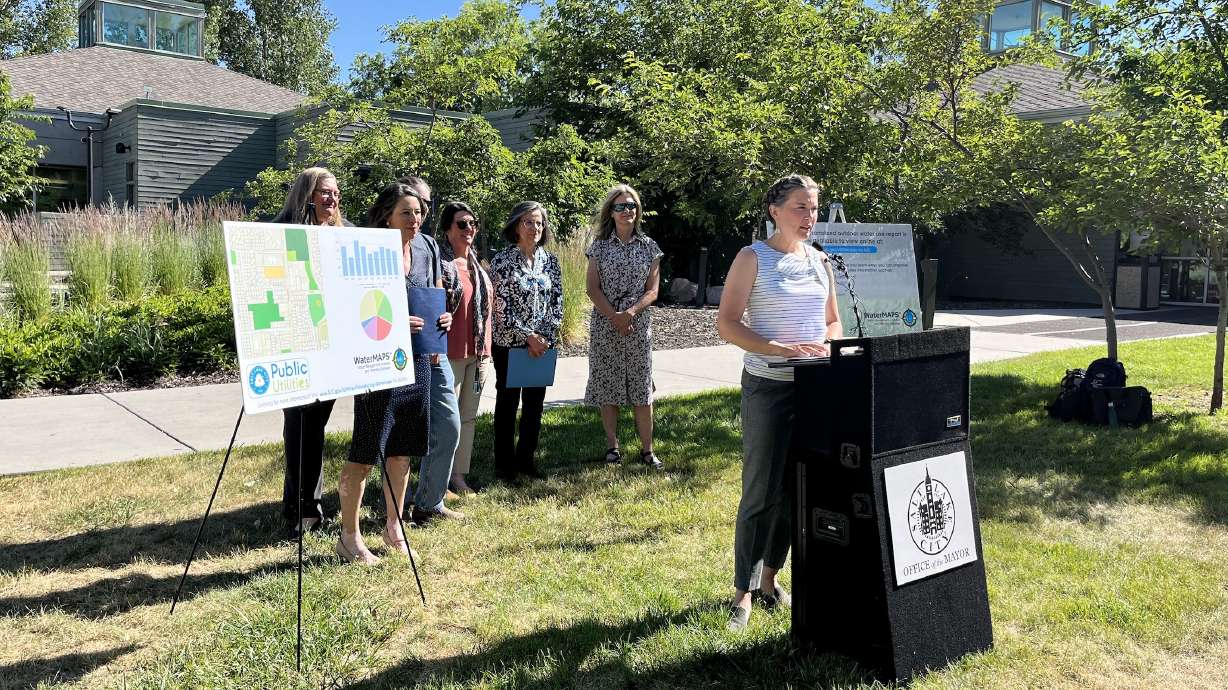 Salt Lake City Mayor Erin Mendenhall speaks outside of the Day-Riverside Branch Library in Salt Lake City on Monday, introducing a new water-conservation program.