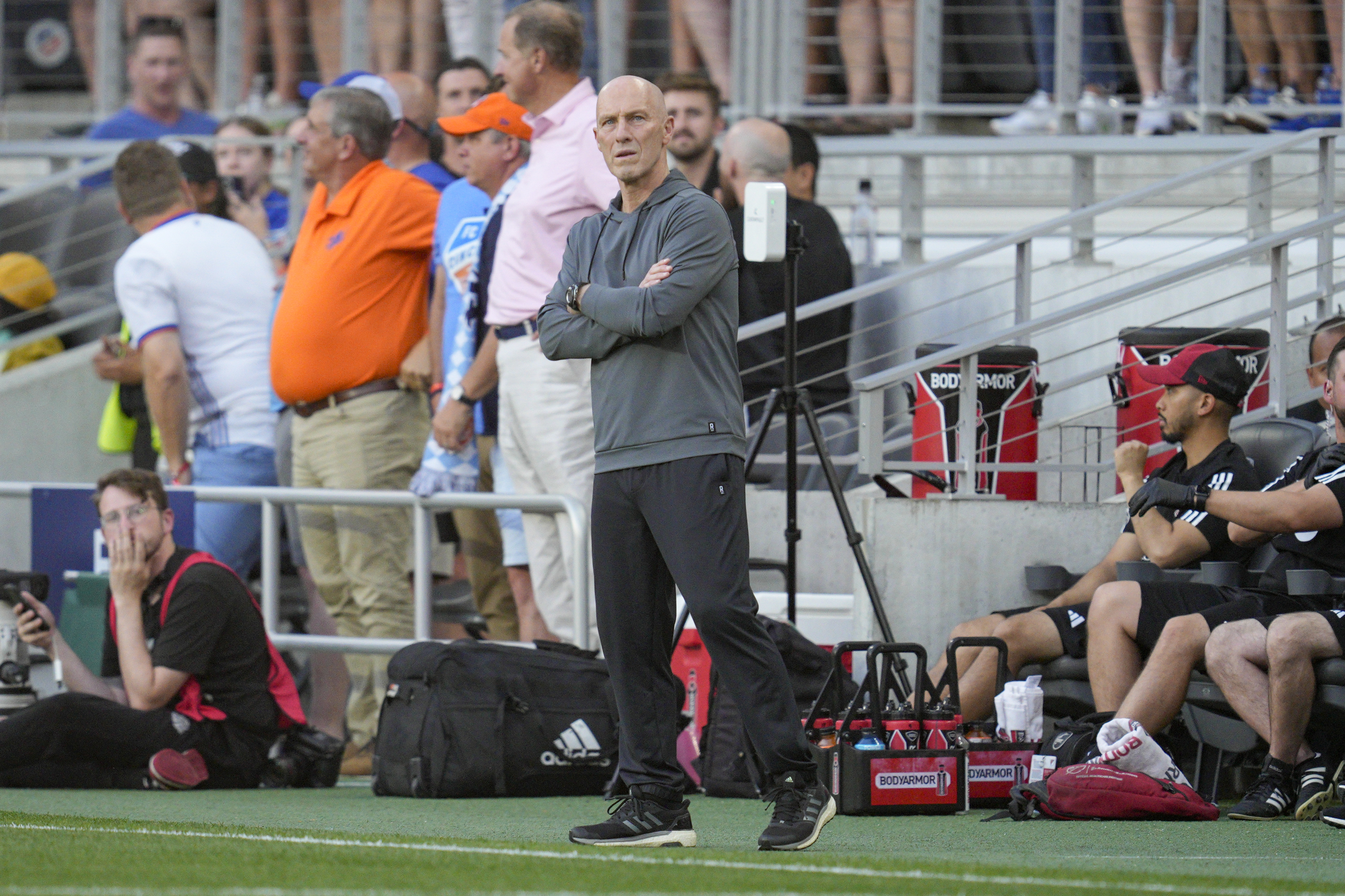 Toronto FC coach Bob Bradley watches during the first half of the team's MLS soccer match against FC Cincinnati on Wednesday, June 21, 2023, in Cincinnati. 