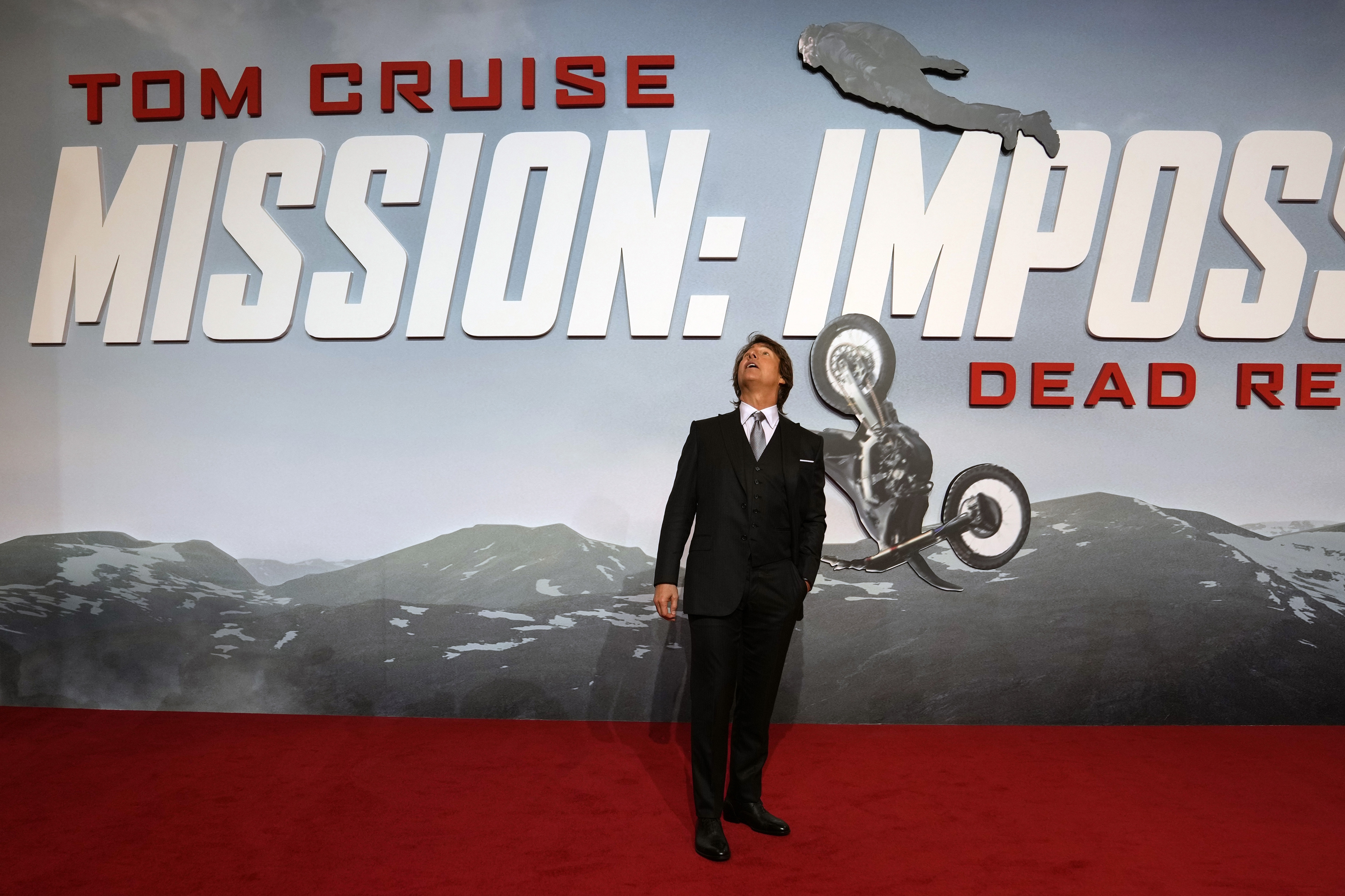 Tom Cruise reacts at the premiere of the film "Mission Impossible — Dead Reckoning Part One" at the Emirates Palace in Abu Dhabi, United Arab Emirates, June 26.